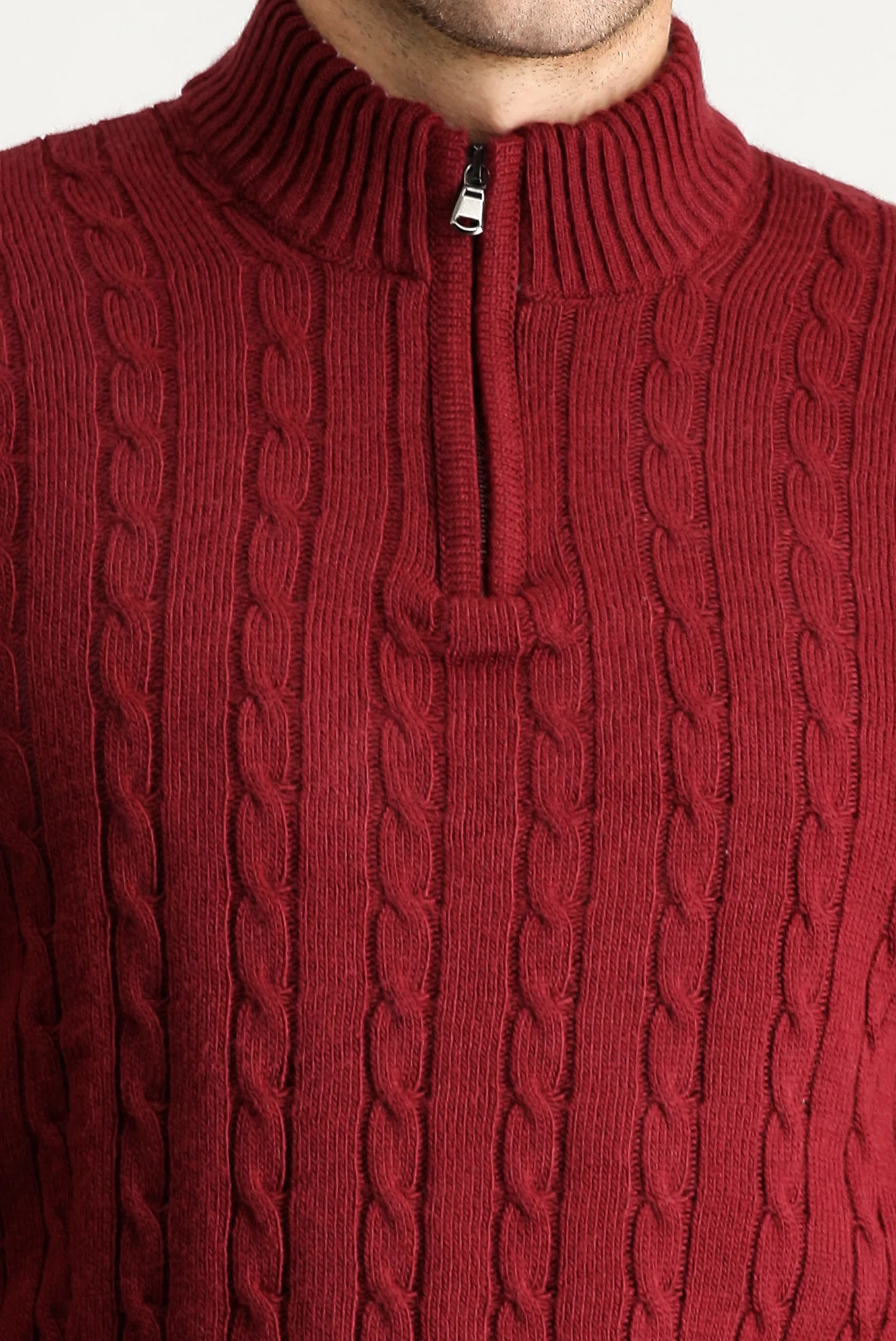 Koyu Bordo Yarım Balıkçı Yaka Regular Fit Desenli Fermuarlı Triko Kazak - Image 6