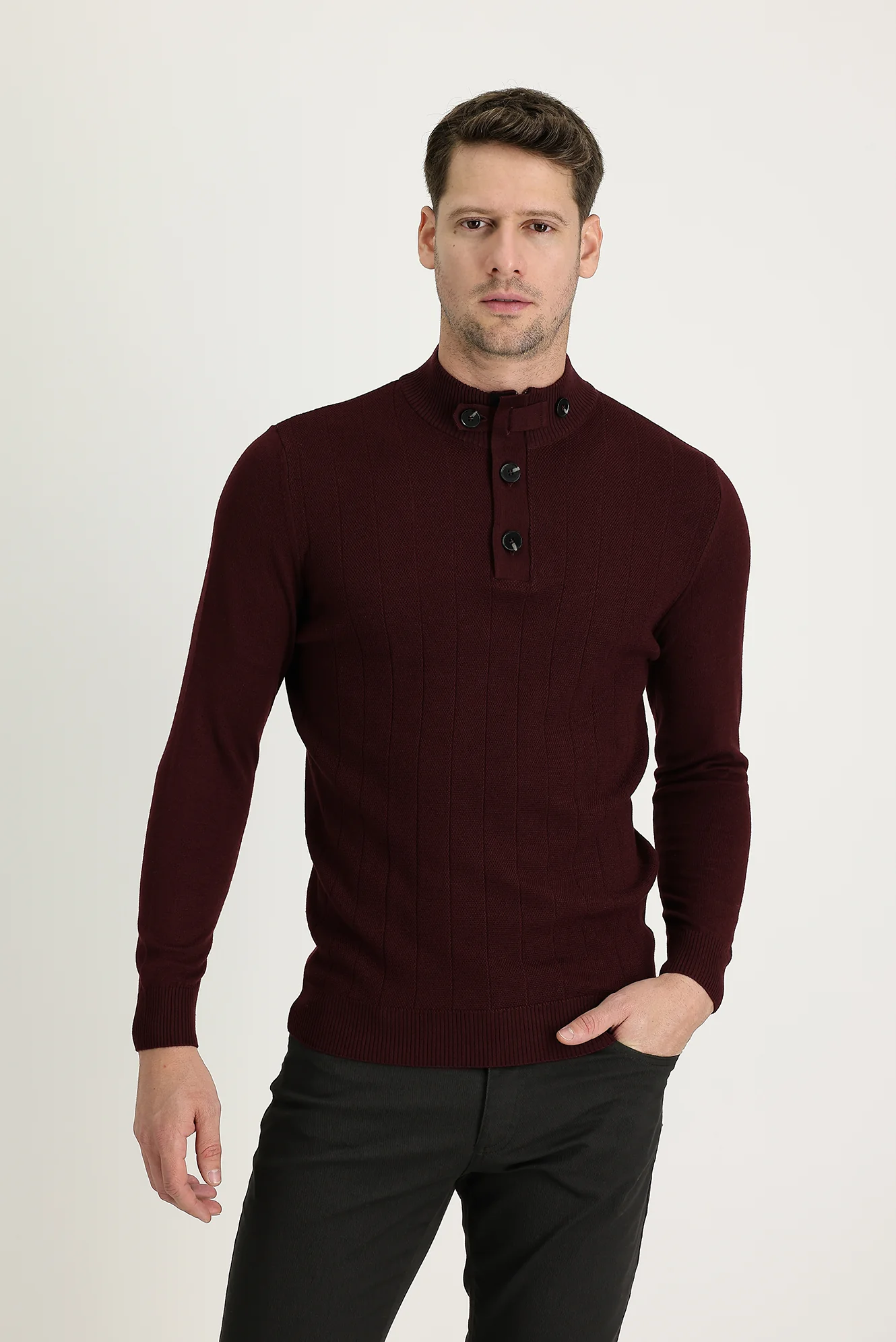 Koyu Bordo Yarım Balıkçı Yaka Slim Fit Dar Kesim Desenli Pamuklu Triko Kazak - Image 2