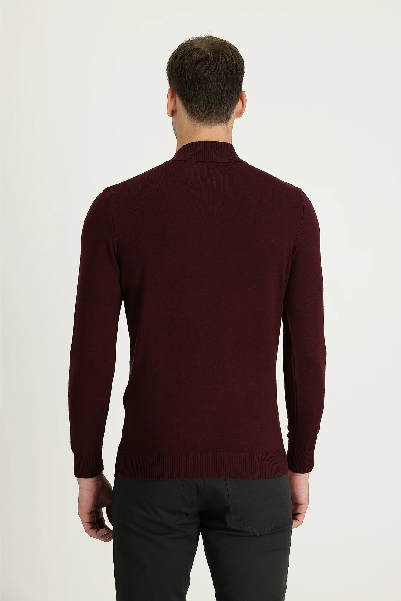 Koyu Bordo Yarım Balıkçı Yaka Slim Fit Dar Kesim Desenli Pamuklu Triko Kazak - Image 3