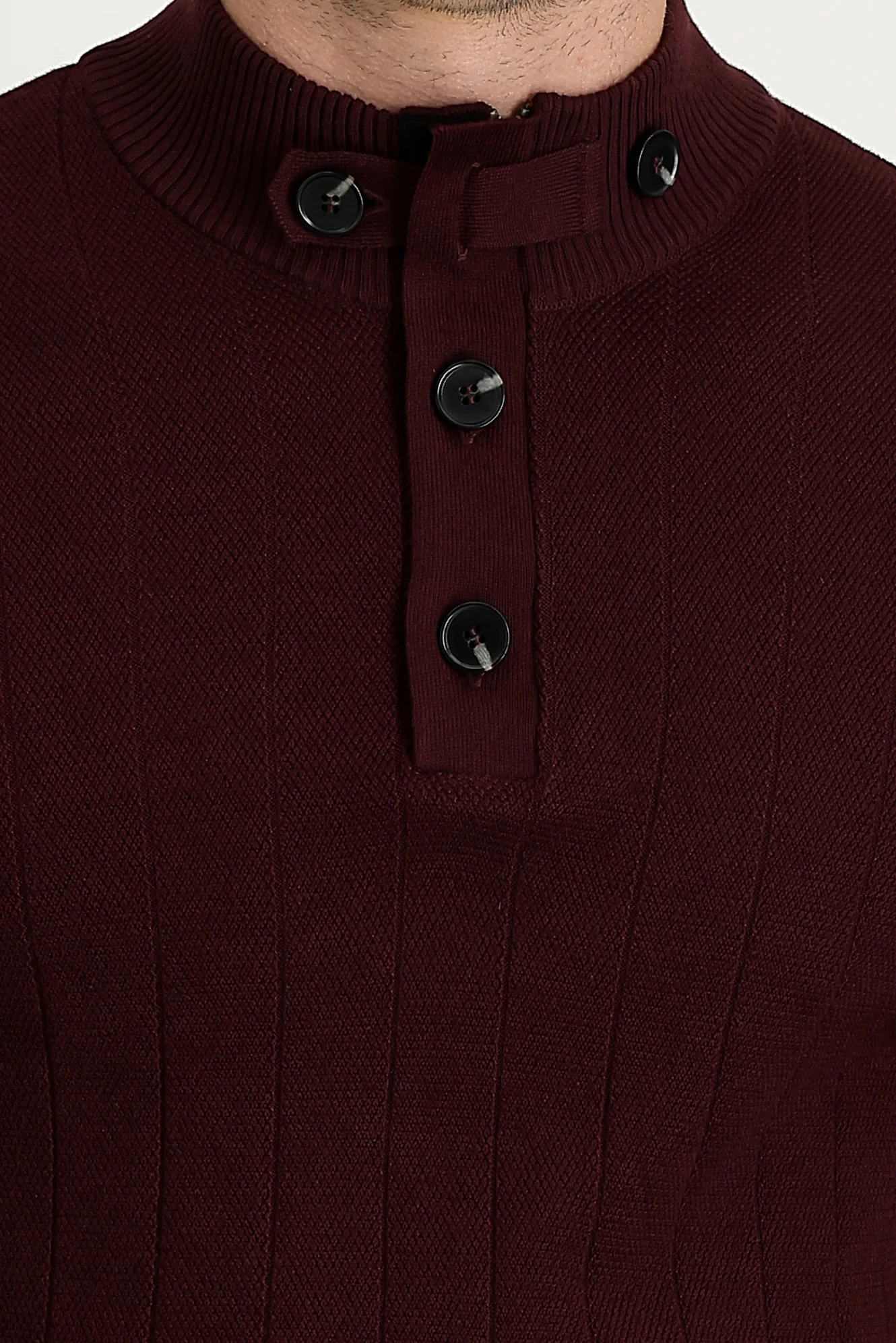 Koyu Bordo Yarım Balıkçı Yaka Slim Fit Dar Kesim Desenli Pamuklu Triko Kazak - Image 4