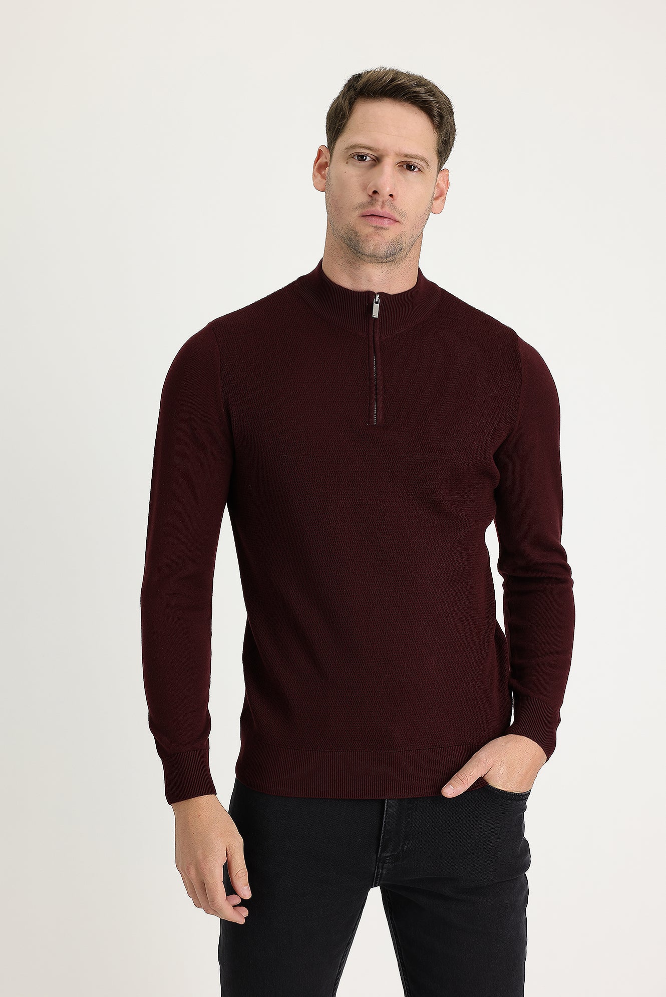 Koyu Bordo Yarım Balıkçı Yaka Slim Fit Dar Kesim Fermuarlı Desenli Pamuklu Triko Kazak