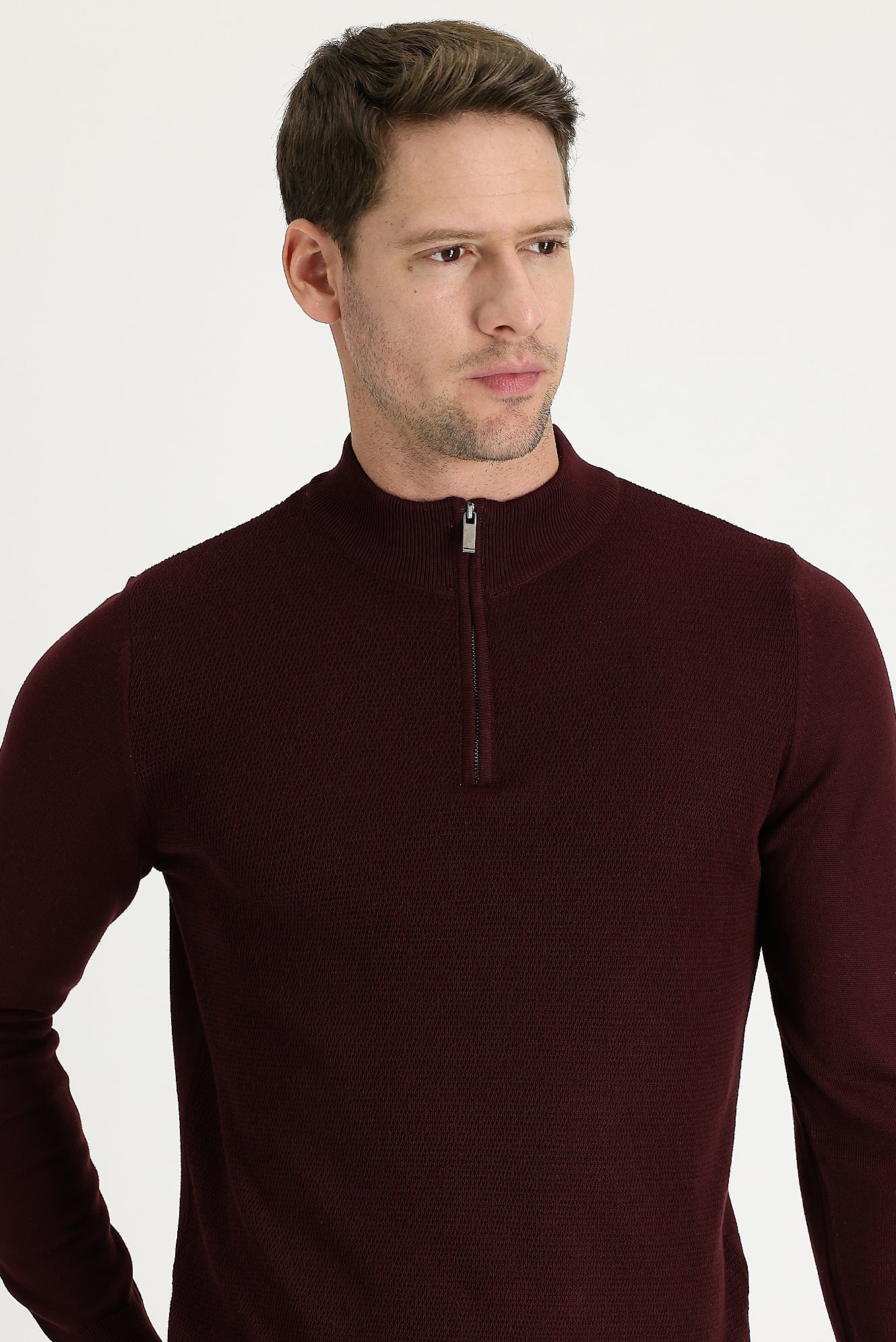 Koyu Bordo Yarım Balıkçı Yaka Slim Fit Dar Kesim Fermuarlı Desenli Pamuklu Triko Kazak - Image 2