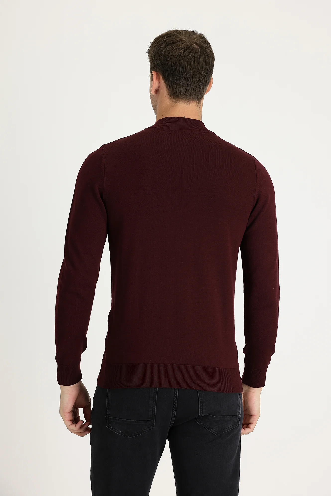 Koyu Bordo Yarım Balıkçı Yaka Slim Fit Dar Kesim Fermuarlı Desenli Pamuklu Triko Kazak - Image 3