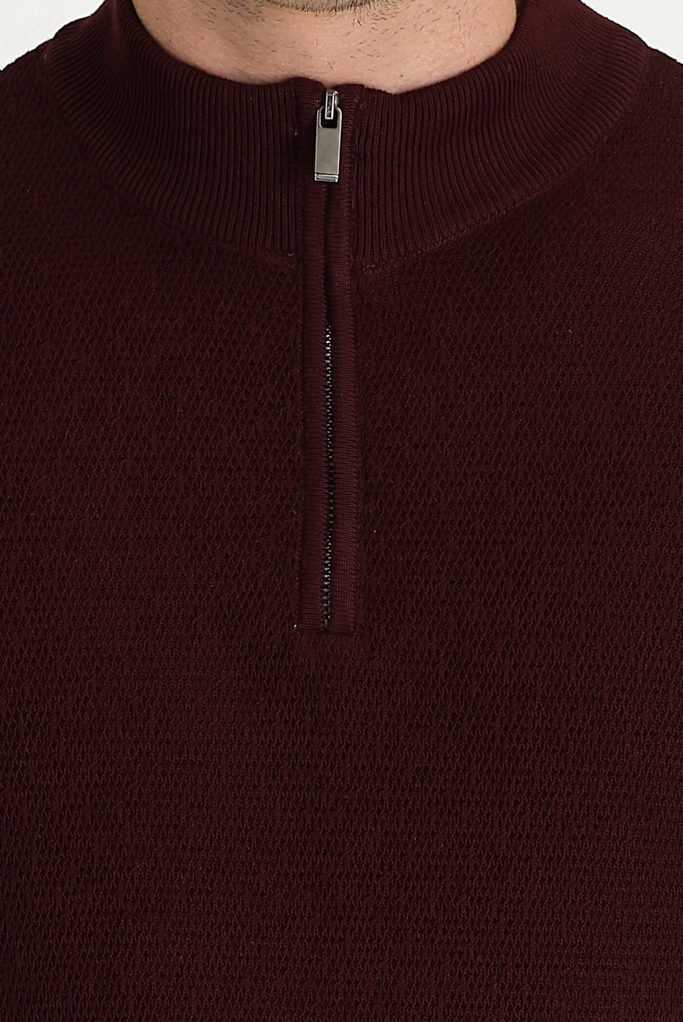 Koyu Bordo Yarım Balıkçı Yaka Slim Fit Dar Kesim Fermuarlı Desenli Pamuklu Triko Kazak - Image 4