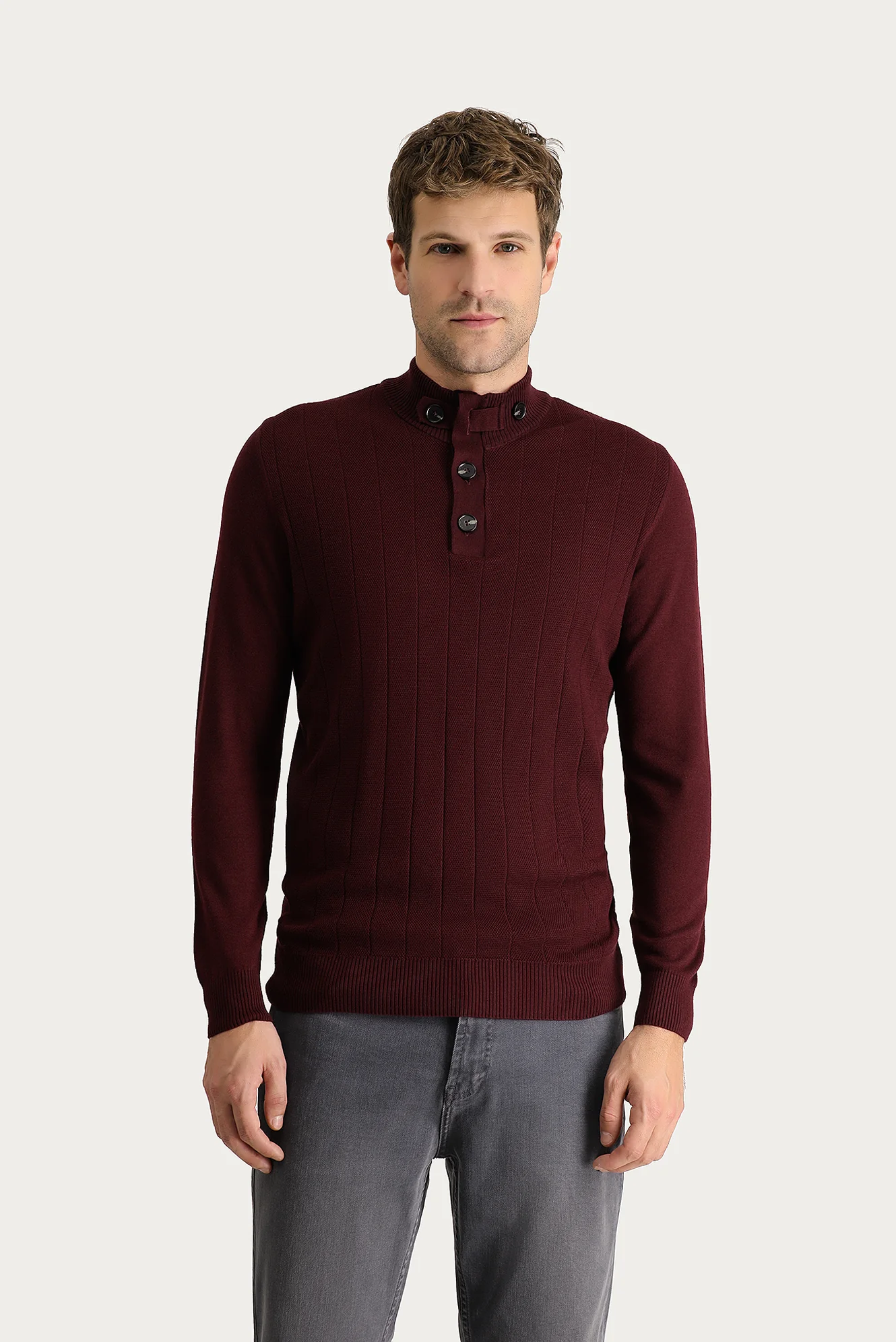 Koyu Bordo Yarım Balıkçı Yaka Slim Fit Dar Kesim Fermuarlı Desenli Pamuklu Triko Kazak - Image 3
