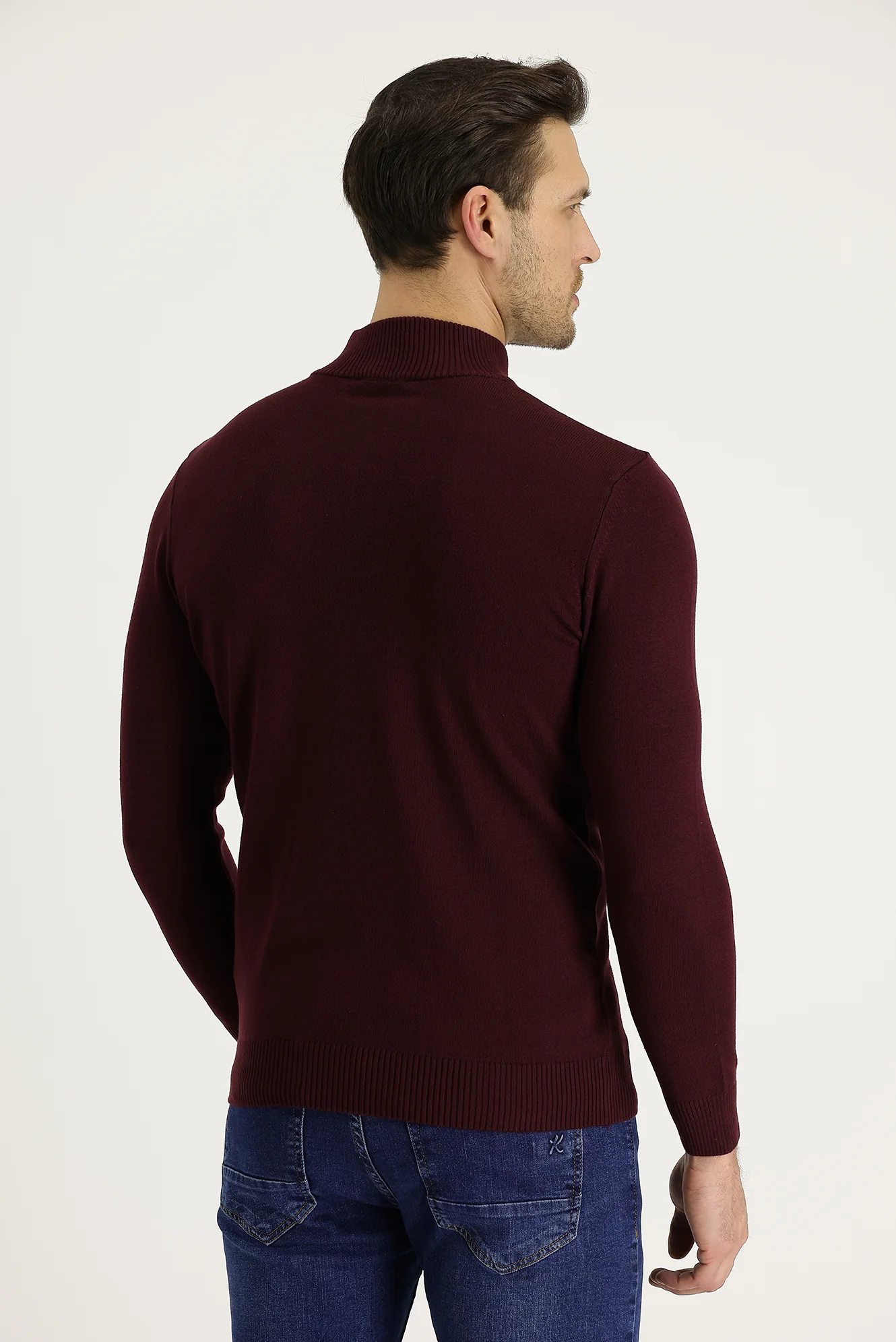 Koyu Bordo Yarım Balıkçı Yaka Slim Fit Dar Kesim Fermuarlı Nakışlı Pamuklu Triko Kazak - Image 3