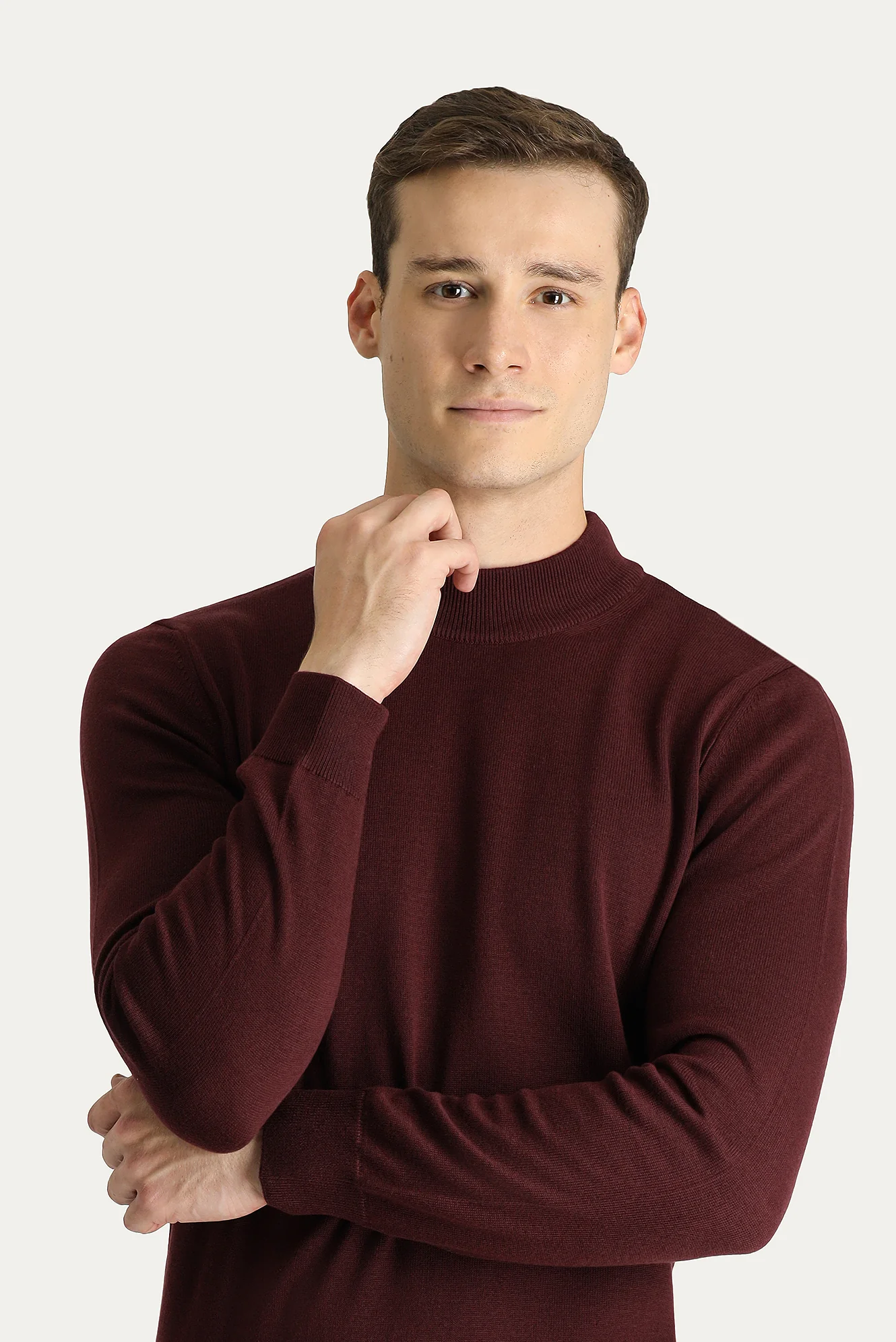 Koyu Bordo Yarım Balıkçı Yaka Slim Fit Dar Kesim Pamuklu Triko Kazak - Image 2