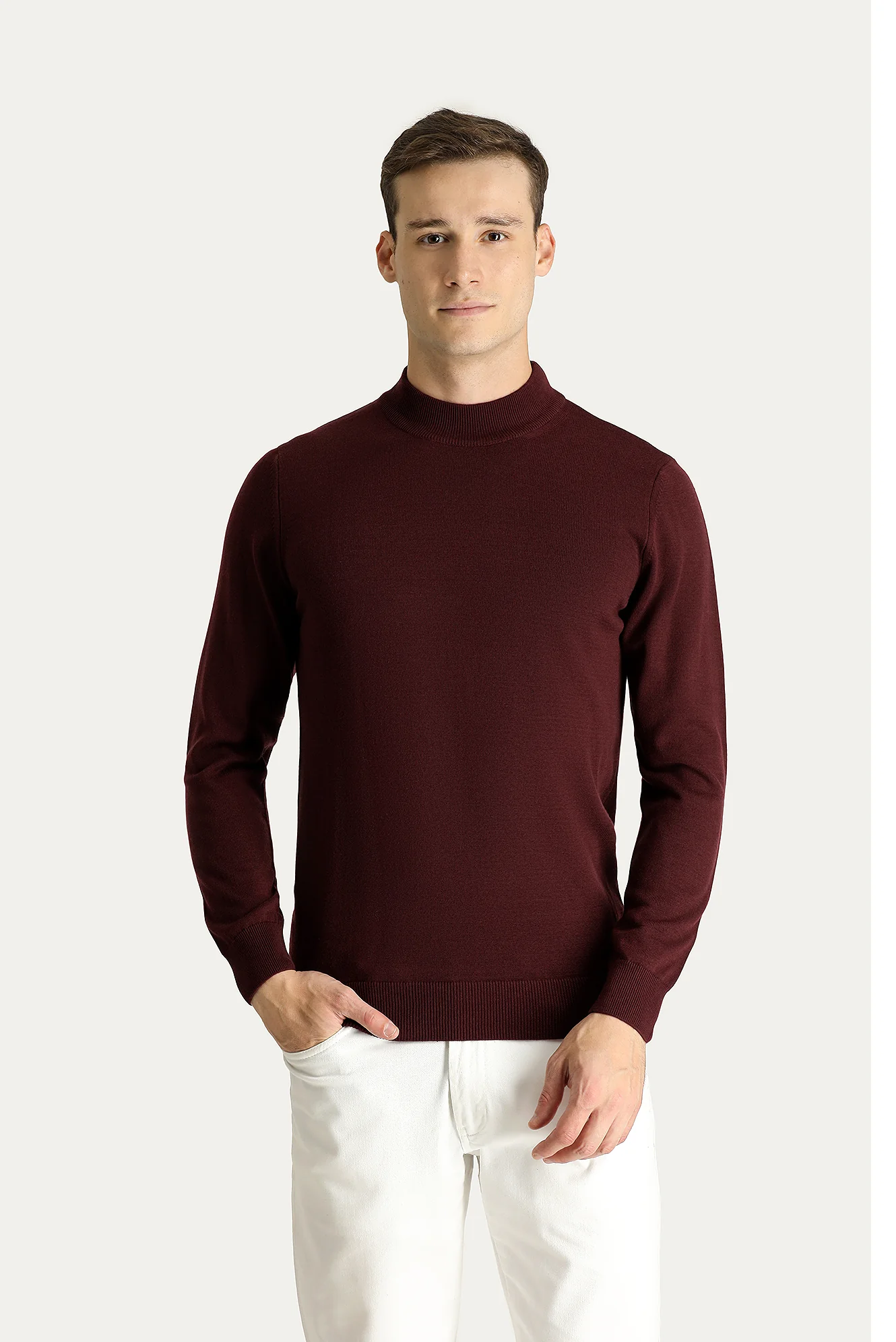 Koyu Bordo Yarım Balıkçı Yaka Slim Fit Dar Kesim Pamuklu Triko Kazak - Image 3