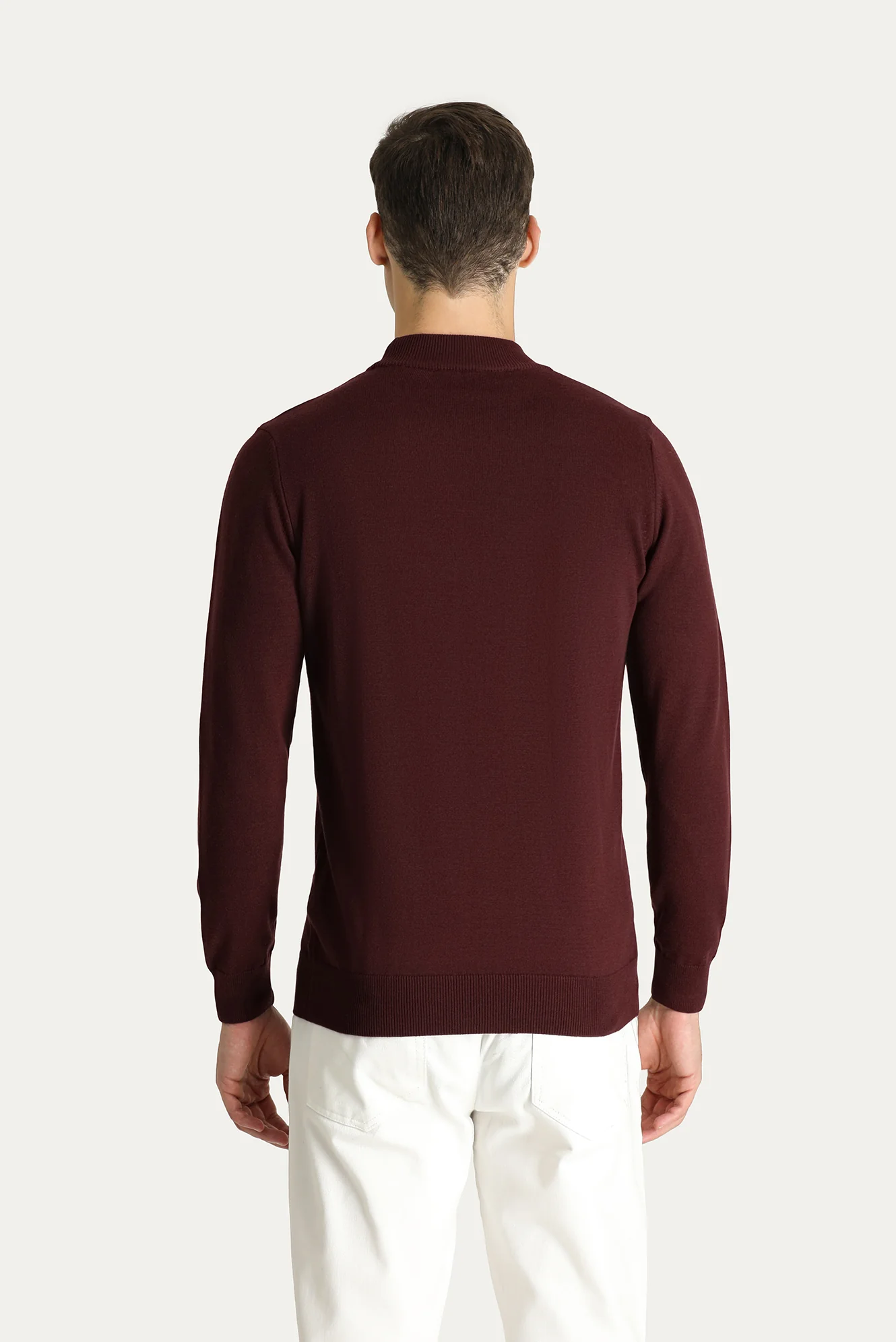 Koyu Bordo Yarım Balıkçı Yaka Slim Fit Dar Kesim Pamuklu Triko Kazak - Image 4