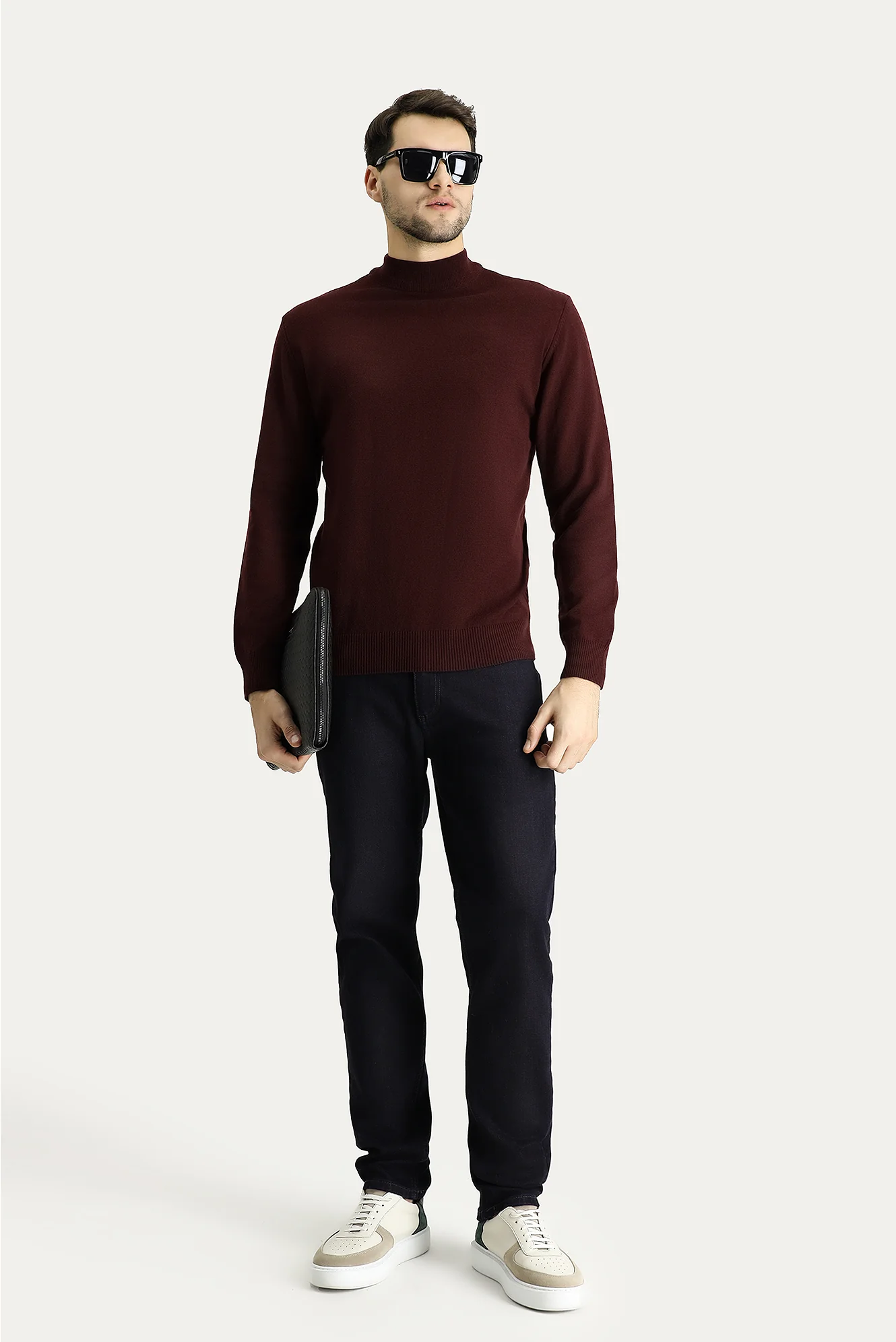 Koyu Bordo Yarım Balıkçı Yaka Slim Fit Dar Kesim Pamuklu Triko Kazak - Image 2