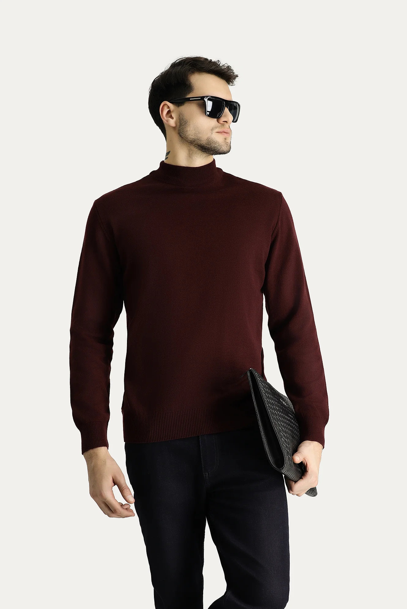 Koyu Bordo Yarım Balıkçı Yaka Slim Fit Dar Kesim Pamuklu Triko Kazak - Image 3