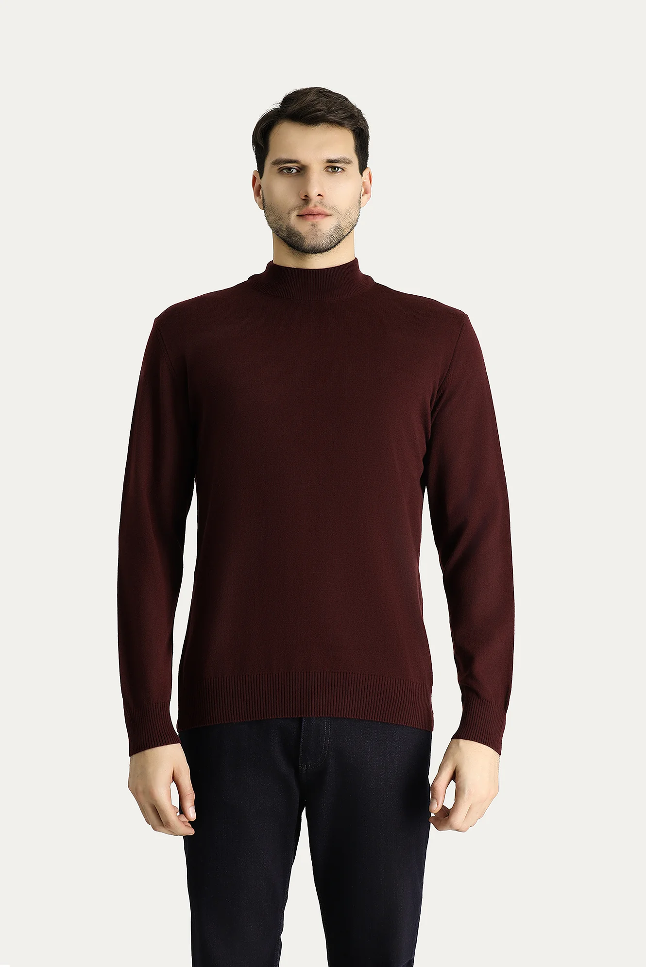 Koyu Bordo Yarım Balıkçı Yaka Slim Fit Dar Kesim Pamuklu Triko Kazak - Image 4