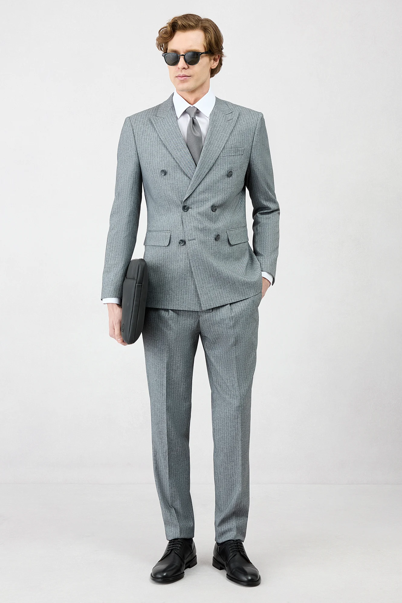 Koyu Füme 7 Drop Super Slim Fit Eksra Dar Kesim Sivri Yaka Beli Lastikli İpli Çizgili Kruvaze Takım Elbise - Image 2