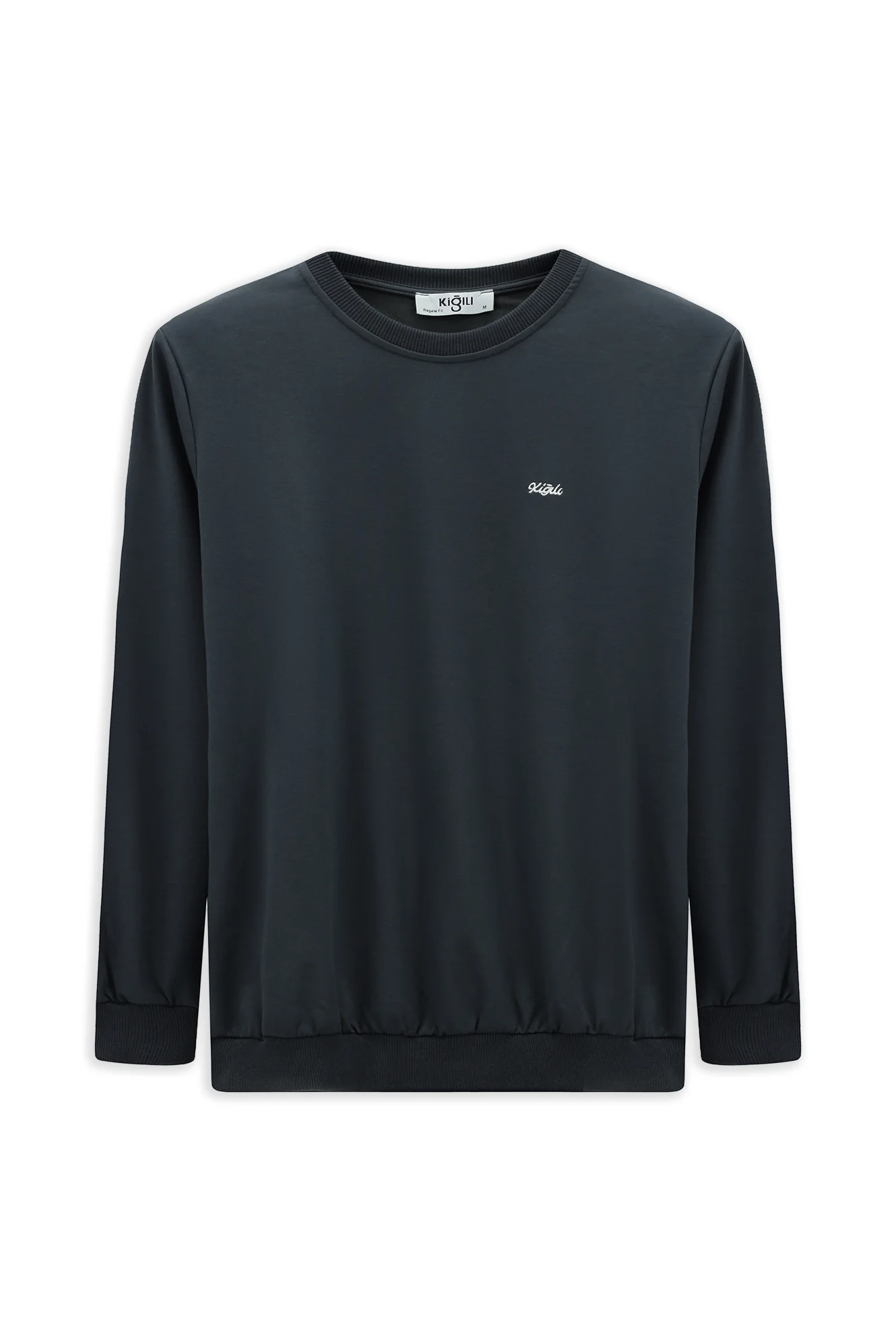 Koyu Füme Bisiklet Yaka Regular Fit Nakışlı Basic İnce Sweatshirt - Image 7