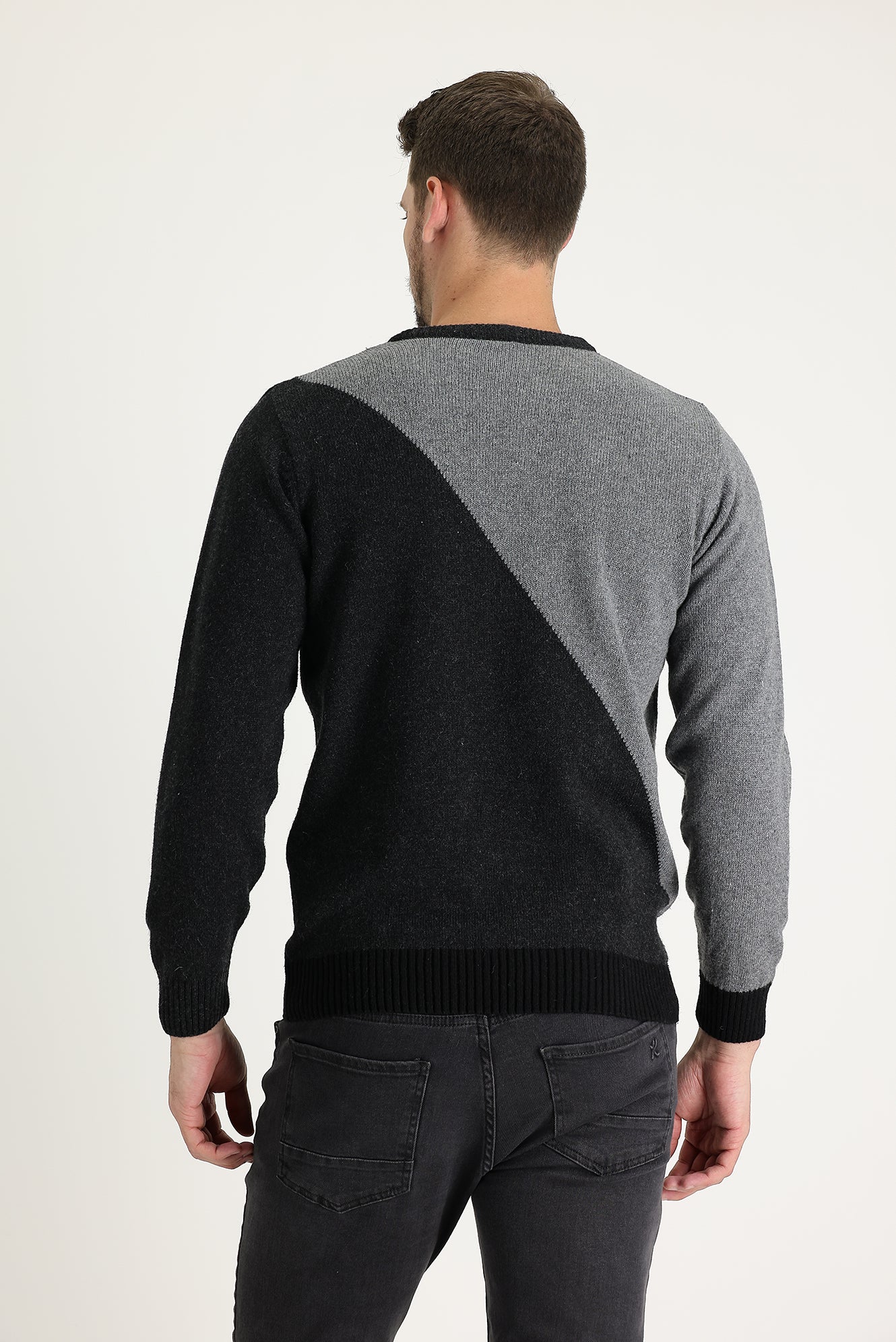 Koyu Füme Bisiklet Yaka Slim Fit Dar Kesim Yünlü Desenli Pamuklu Triko Kazak - Image 2