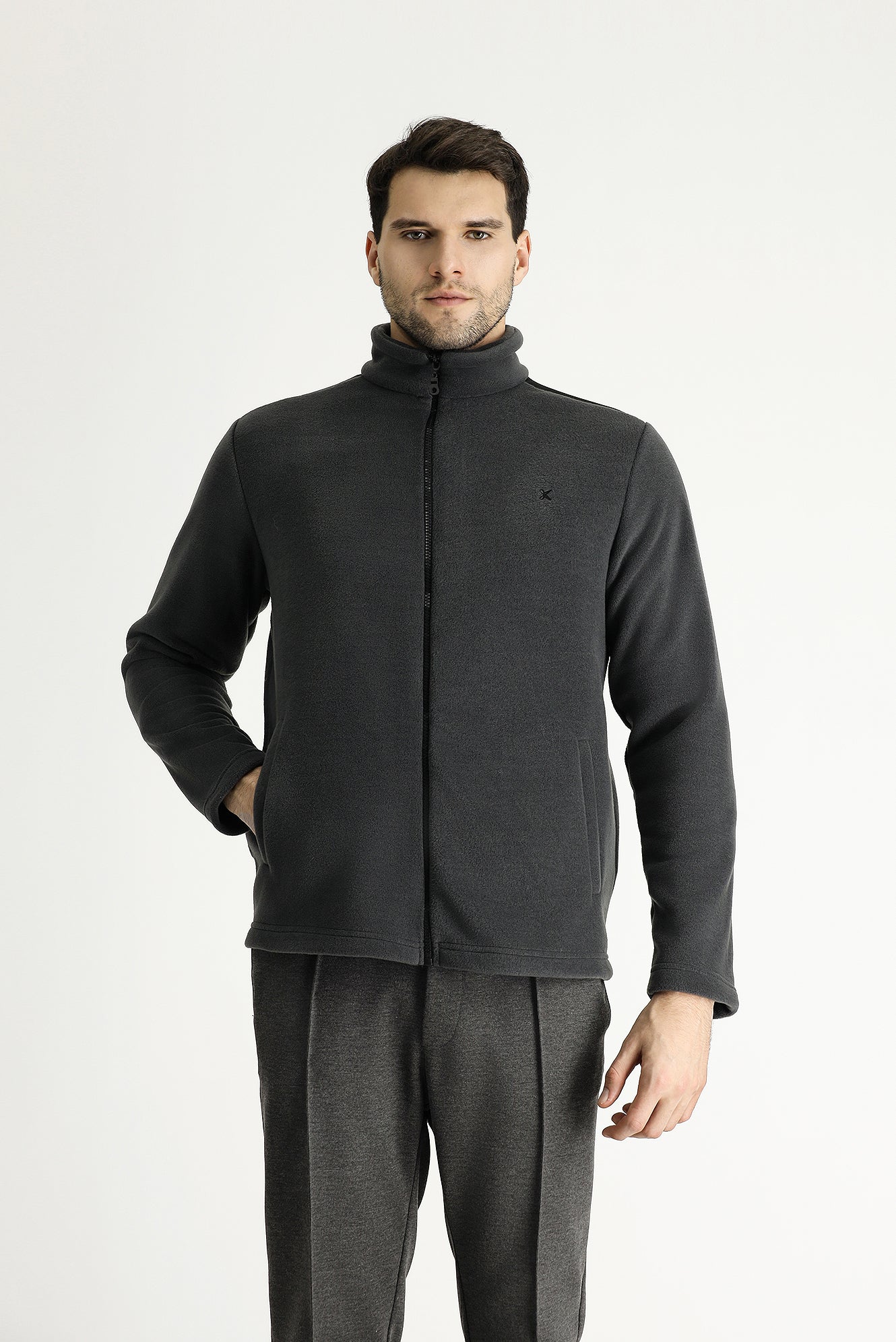 Koyu Füme Fermuarlı Nakışlı Polar Sweatshirt - Image 4