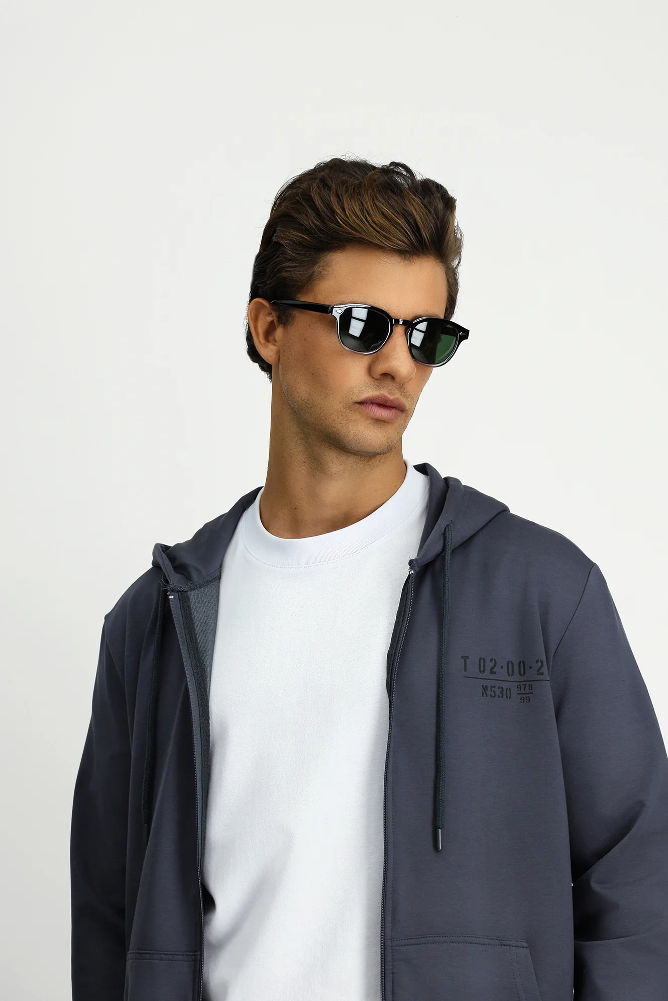 Koyu Füme Kapüşonlu Regular Fit Fermuarlı Baskılı Pamuklu Sweatshirt - Image 3