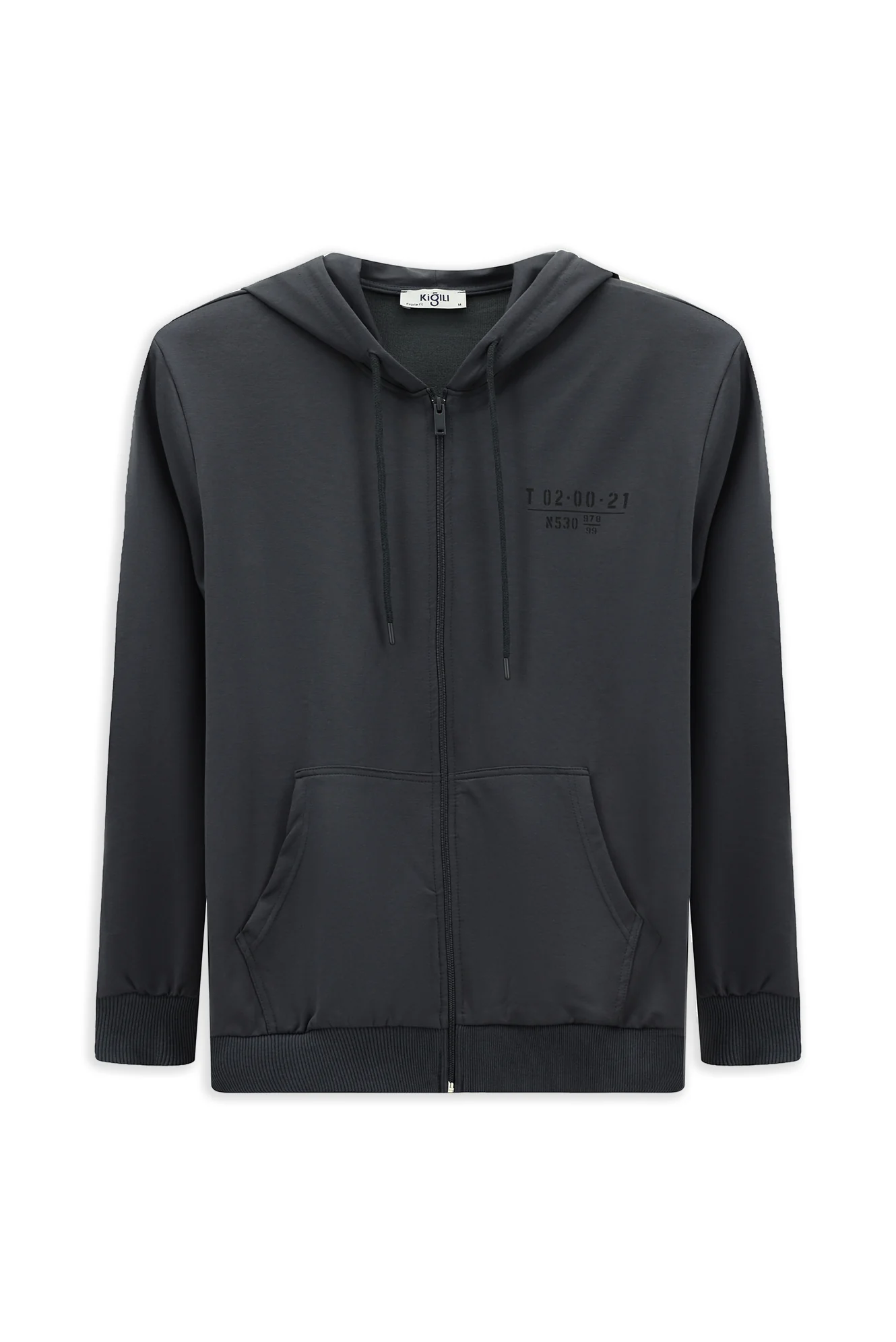 Koyu Füme Kapüşonlu Regular Fit Fermuarlı Baskılı Pamuklu Sweatshirt - Image 7