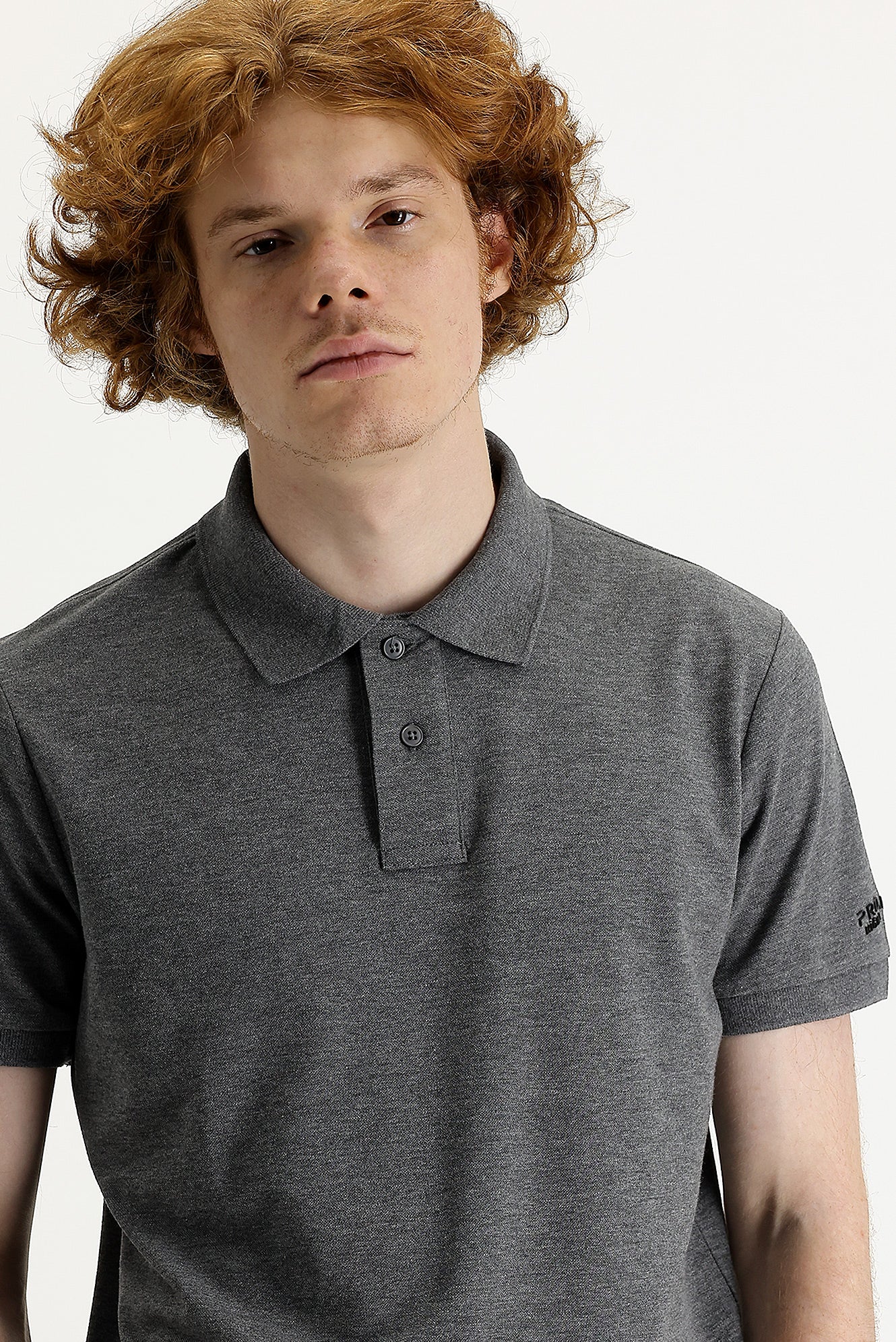 Koyu Füme Melanj Polo Yaka Slim Fit Dar Kesim Baskılı Tişört