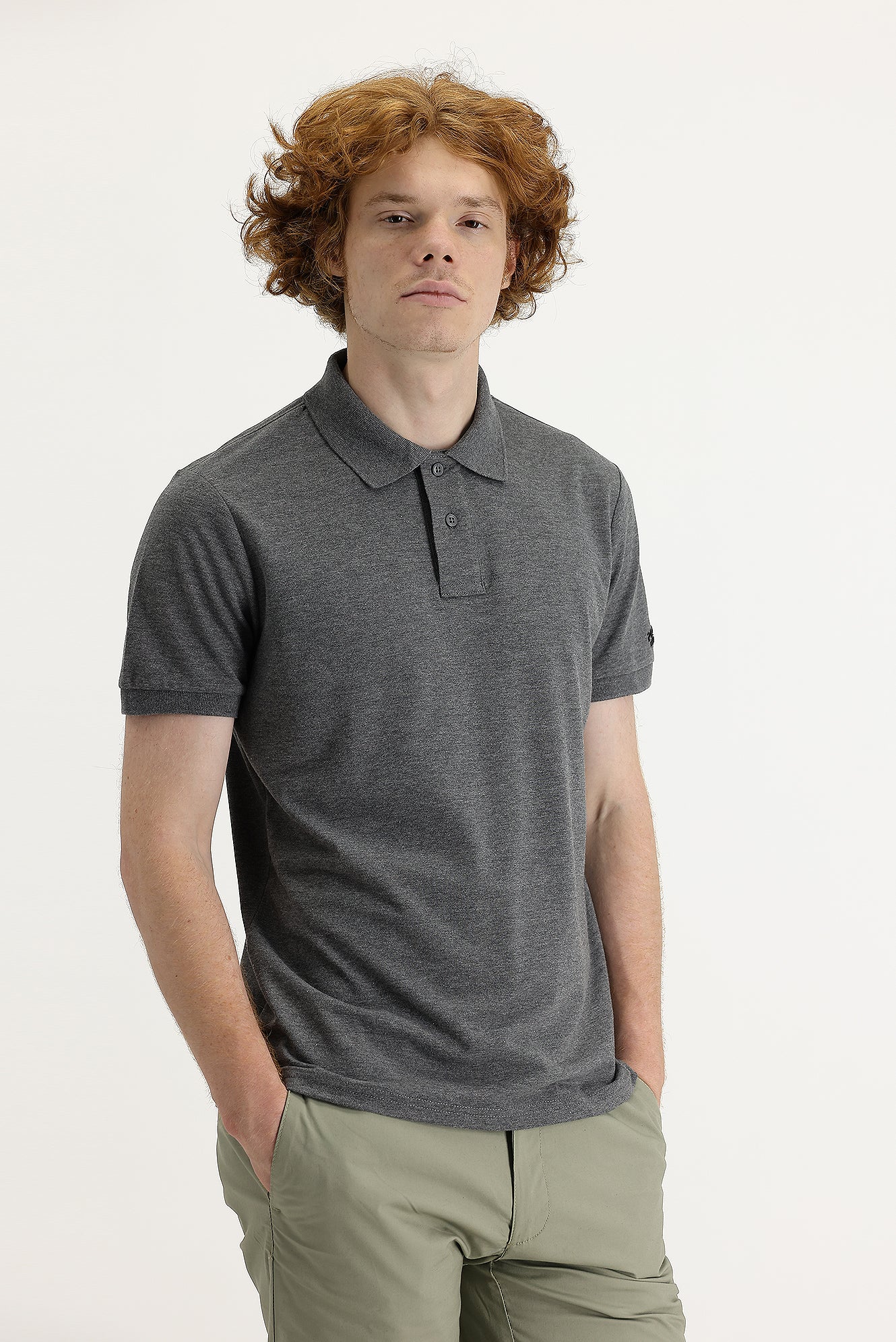 Koyu Füme Melanj Polo Yaka Slim Fit Dar Kesim Baskılı Tişört - Image 2