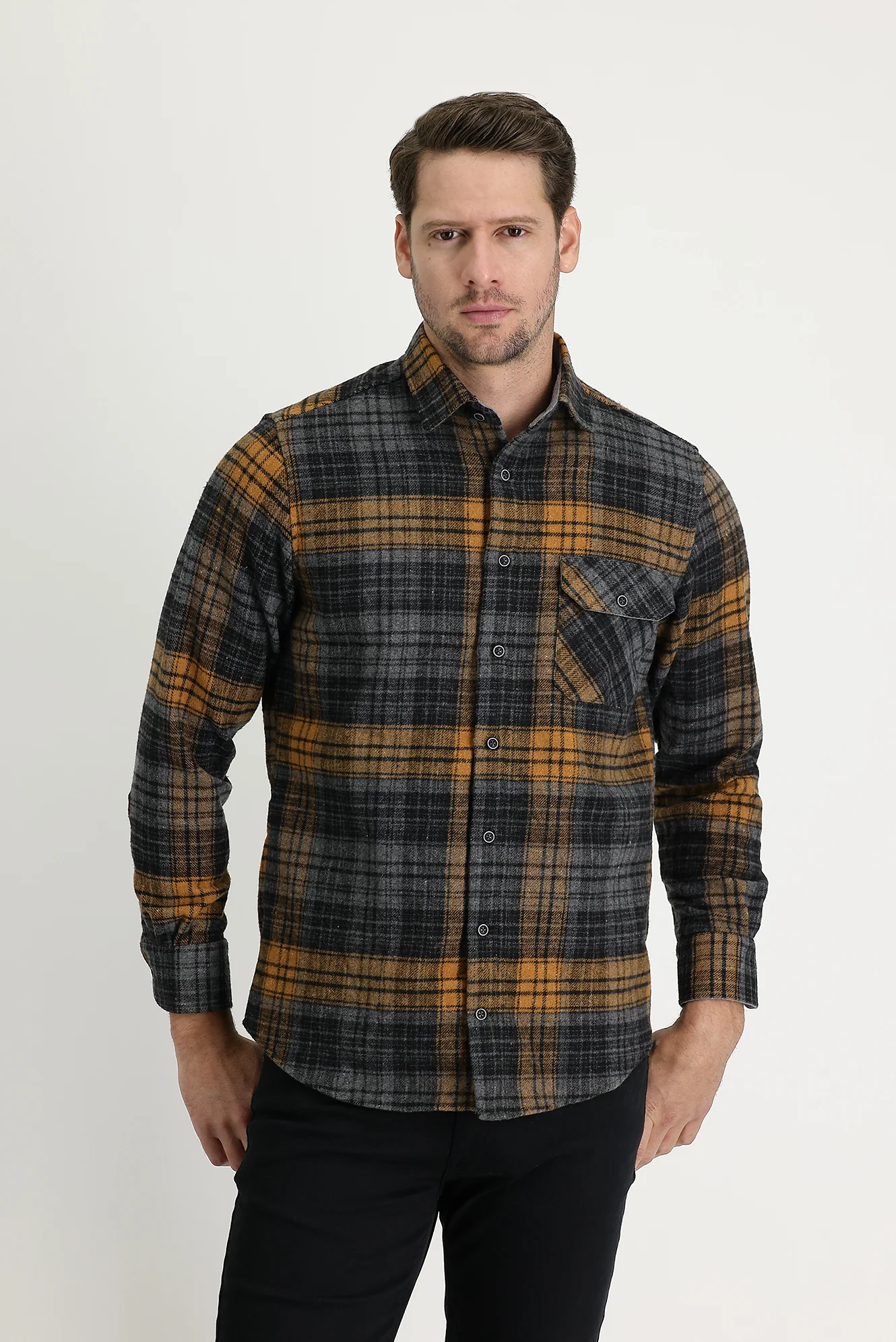 Koyu Füme Regular Fit Ekose Shacket Pamuklu Gömlek - Image 2