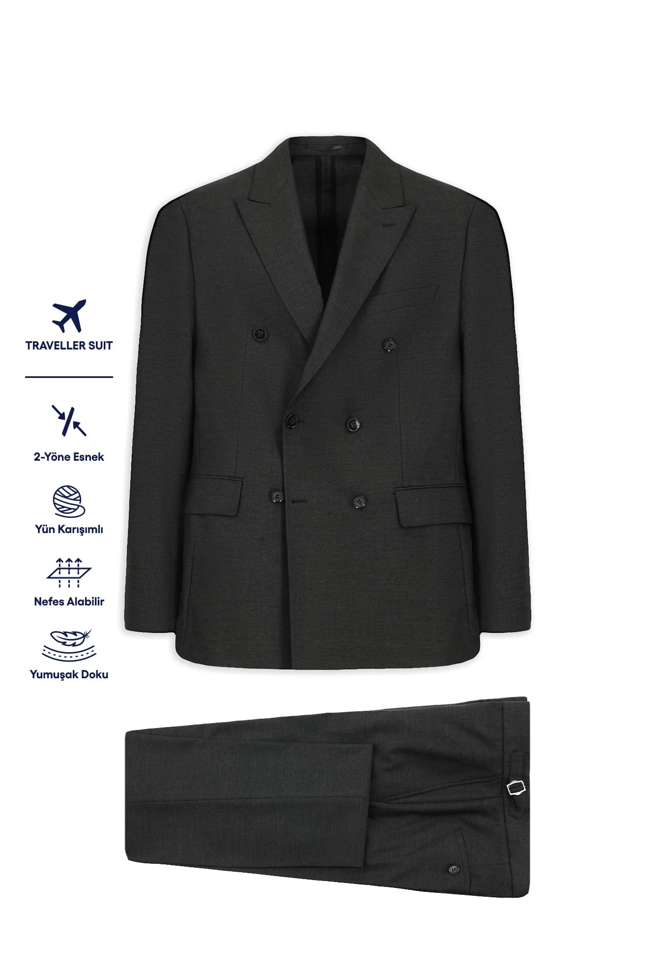 Koyu Füme 6 Drop Regular Fit Standart Kesim Yünlü Kruvaze Beli Tokalı Traveller Suit Çantalı Takım Elbise