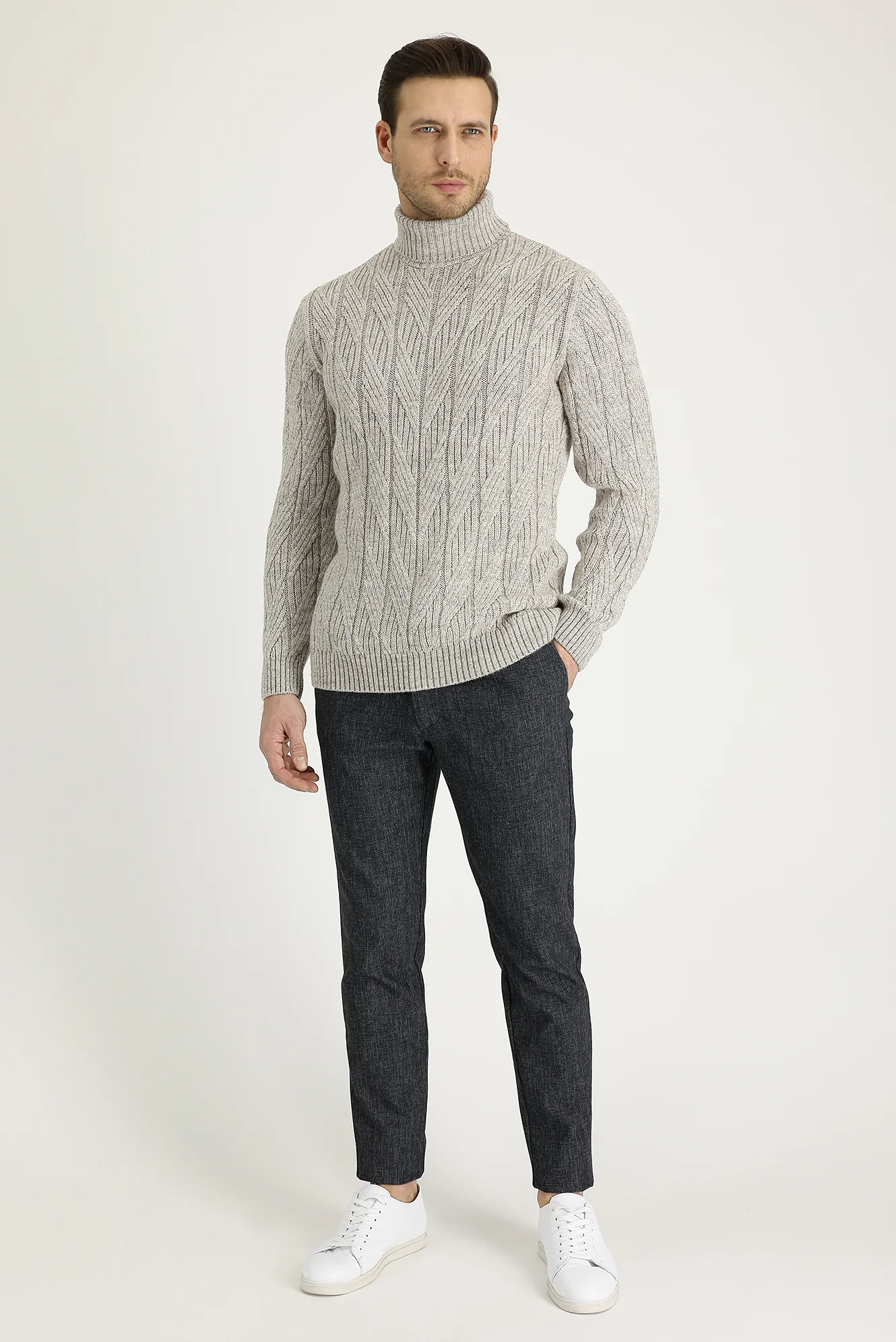 Koyu Füme Slim Fit Dar Kesim Beli Lastikli İpli Desenli Likralı Pantolon