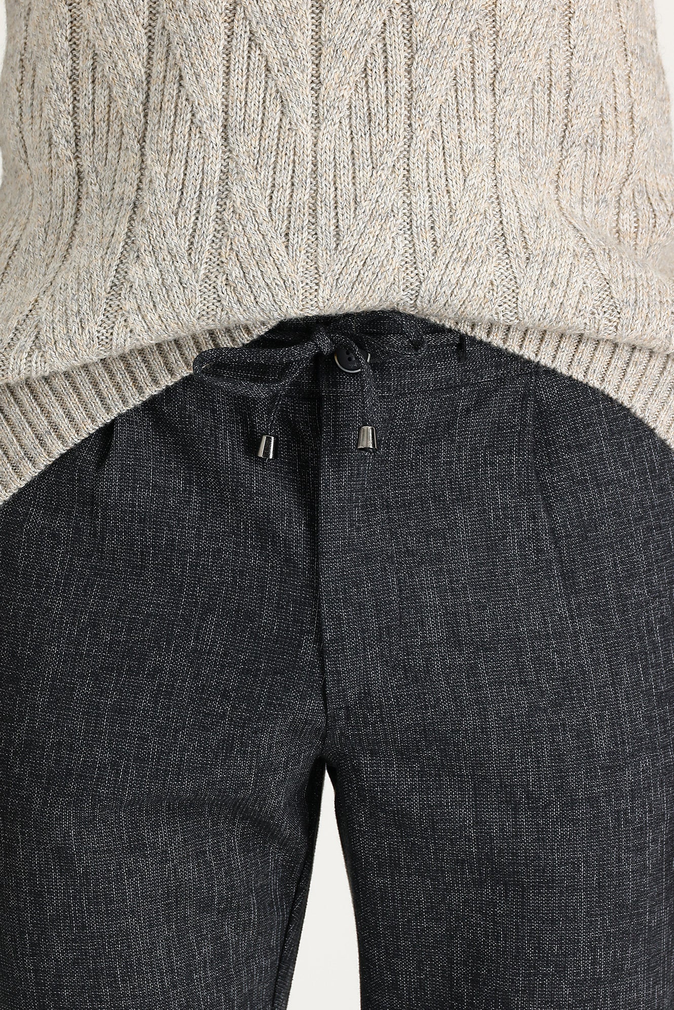Koyu Füme Slim Fit Dar Kesim Beli Lastikli İpli Desenli Likralı Pantolon - Image 2
