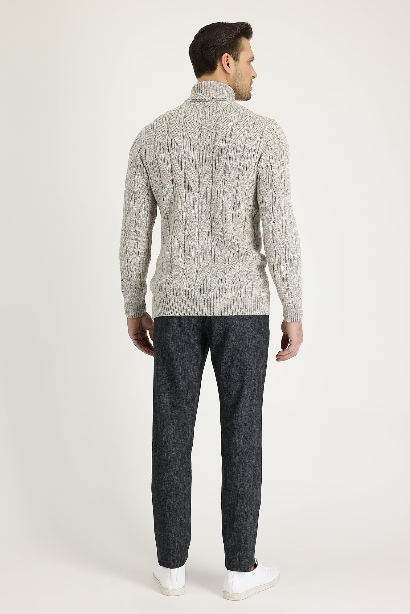 Koyu Füme Slim Fit Dar Kesim Beli Lastikli İpli Desenli Likralı Pantolon - Image 3