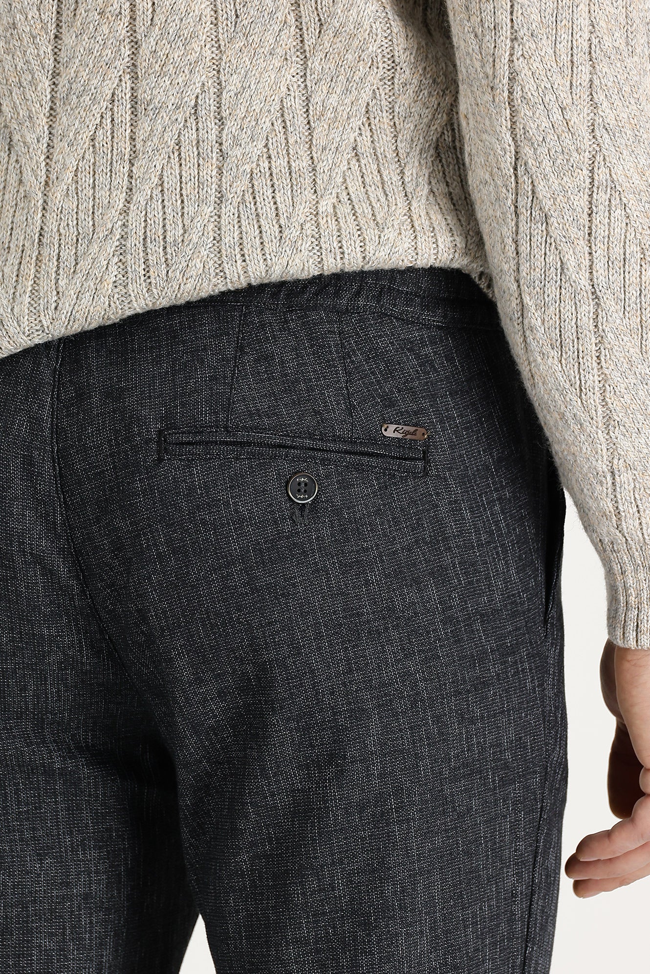 Koyu Füme Slim Fit Dar Kesim Beli Lastikli İpli Desenli Likralı Pantolon - Image 4