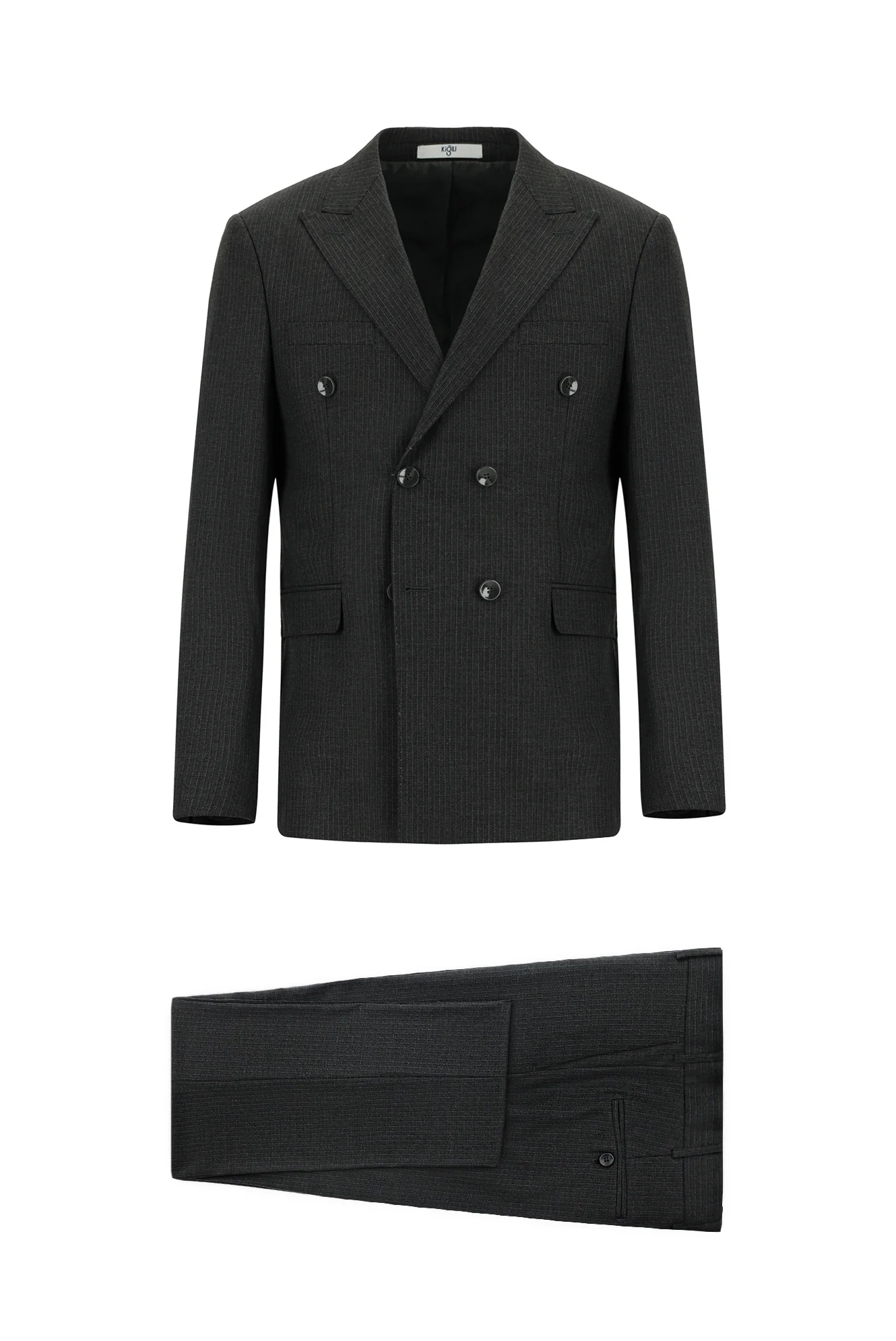 Koyu Füme 7 Drop Slim Fit Dar Kesim Çizgili Yünlü Kruvaze Takım Elbise