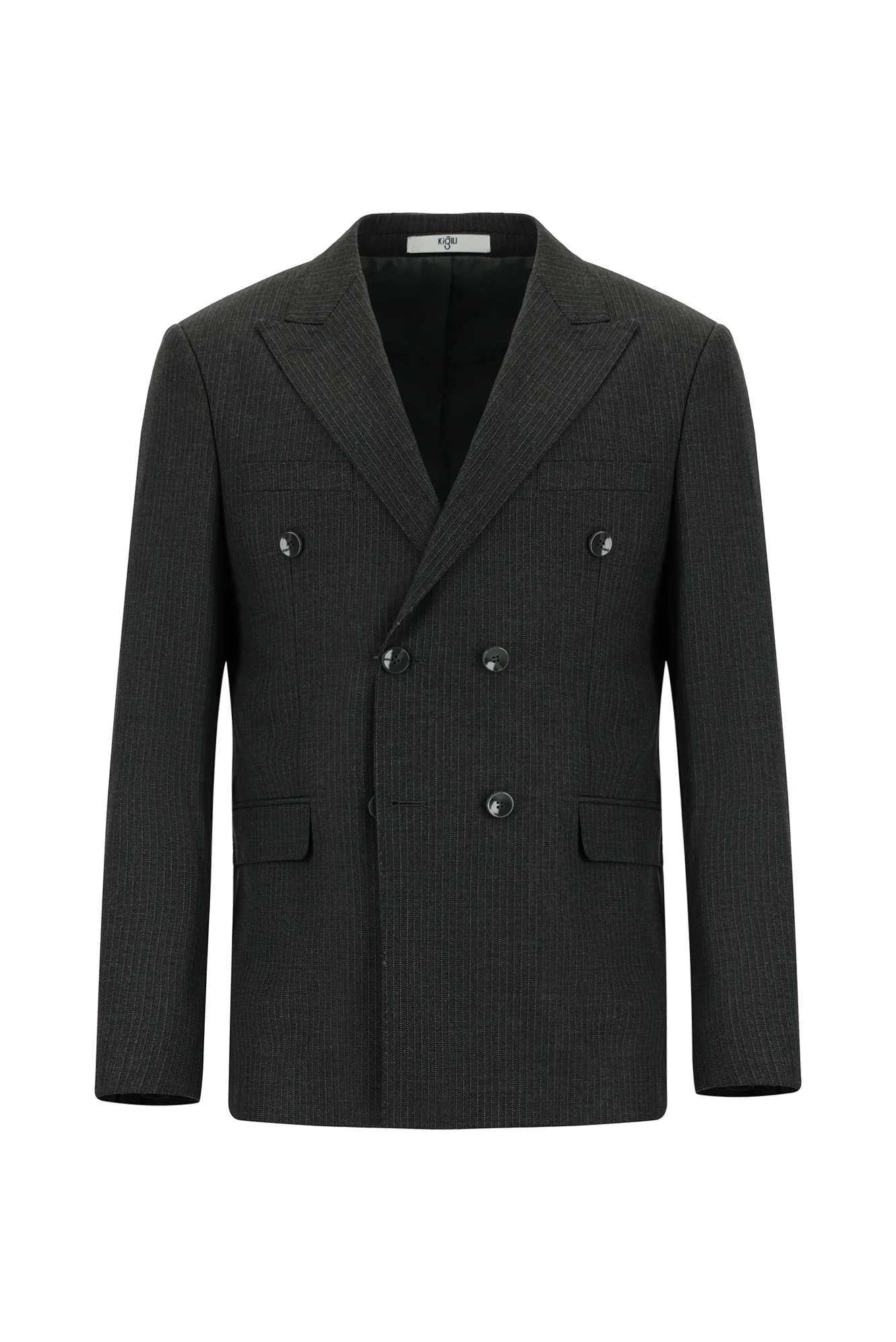 Koyu Füme 7 Drop Slim Fit Dar Kesim Çizgili Yünlü Kruvaze Takım Elbise - Image 2