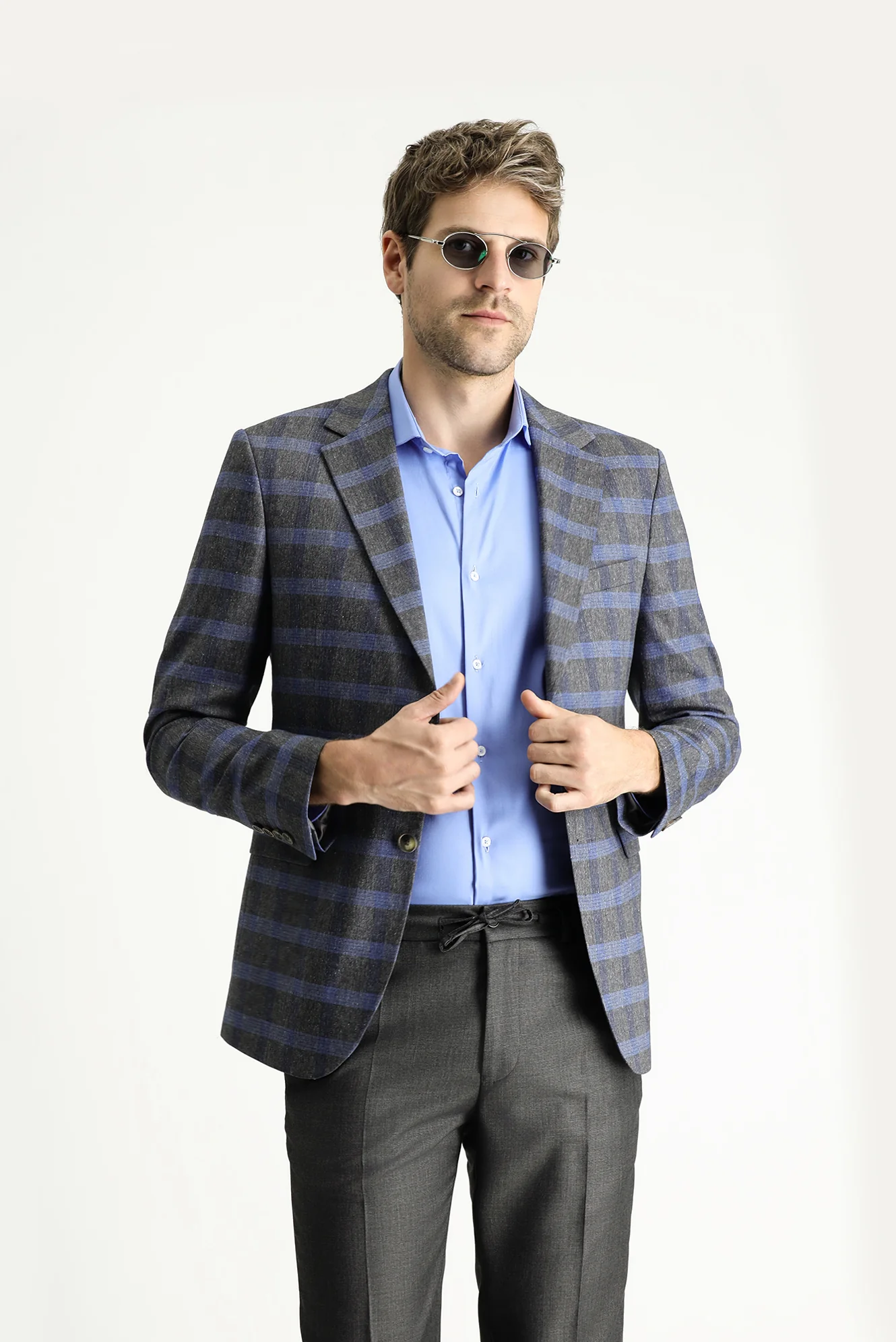 Koyu Füme 7 Drop Slim Fit Dar Kesim Ekose Keten Karışımlı Ceket