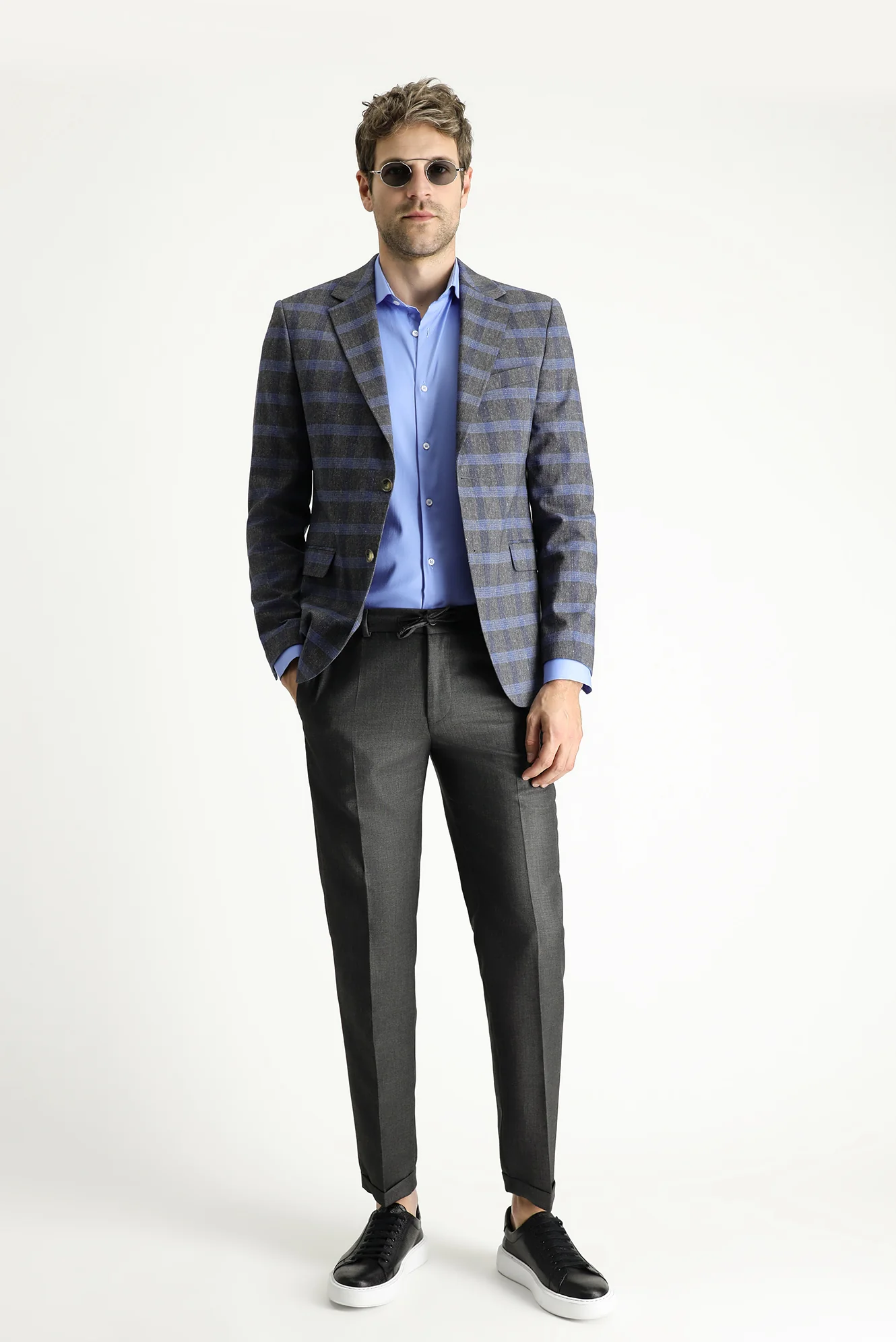 Koyu Füme 7 Drop Slim Fit Dar Kesim Ekose Keten Karışımlı Ceket - Image 2