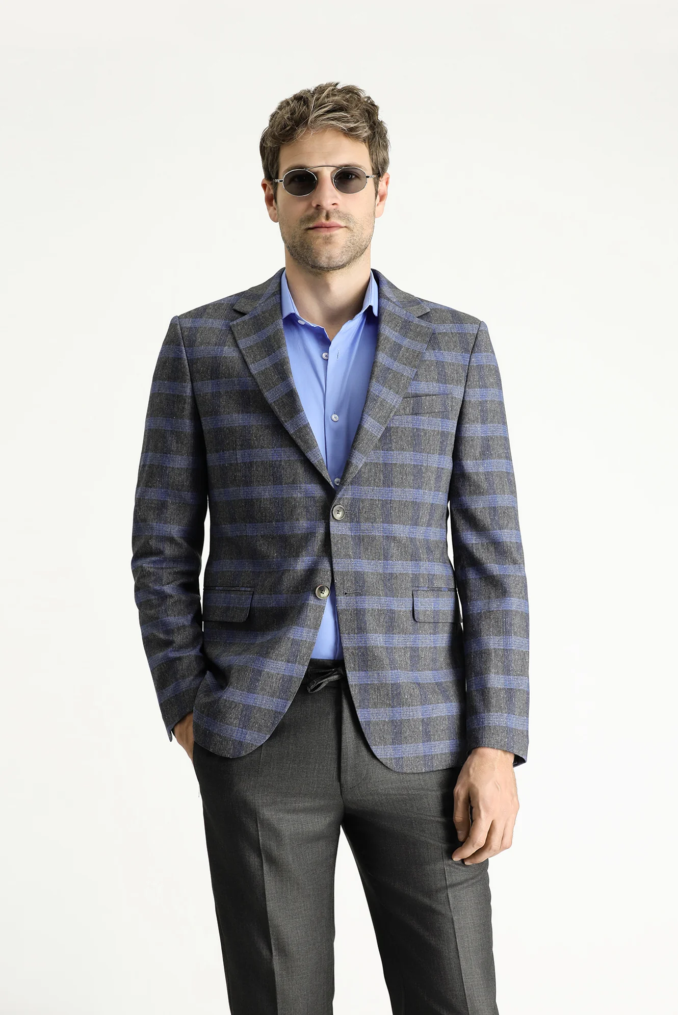 Koyu Füme 7 Drop Slim Fit Dar Kesim Ekose Keten Karışımlı Ceket - Image 3