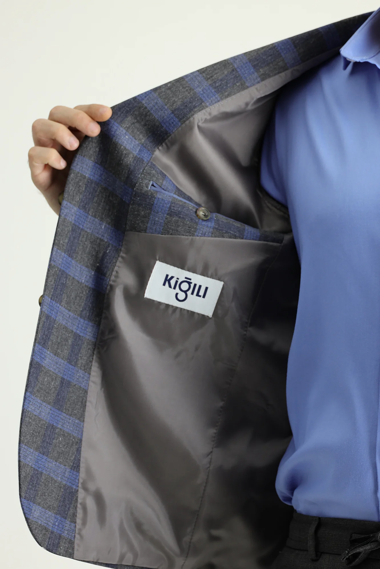 Koyu Füme 7 Drop Slim Fit Dar Kesim Ekose Keten Karışımlı Ceket - Image 5