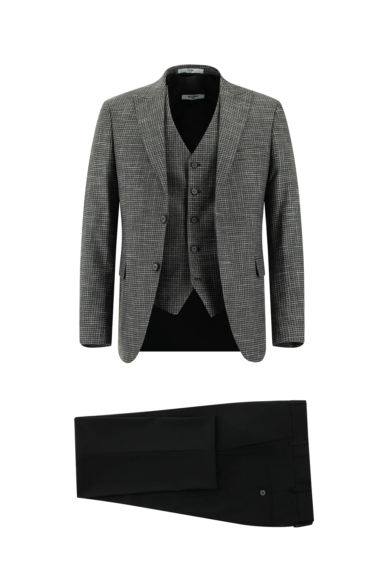 Koyu Füme 7 Drop Slim Fit Dar Kesim Ekose Yelekli Kombinli Takım Elbise