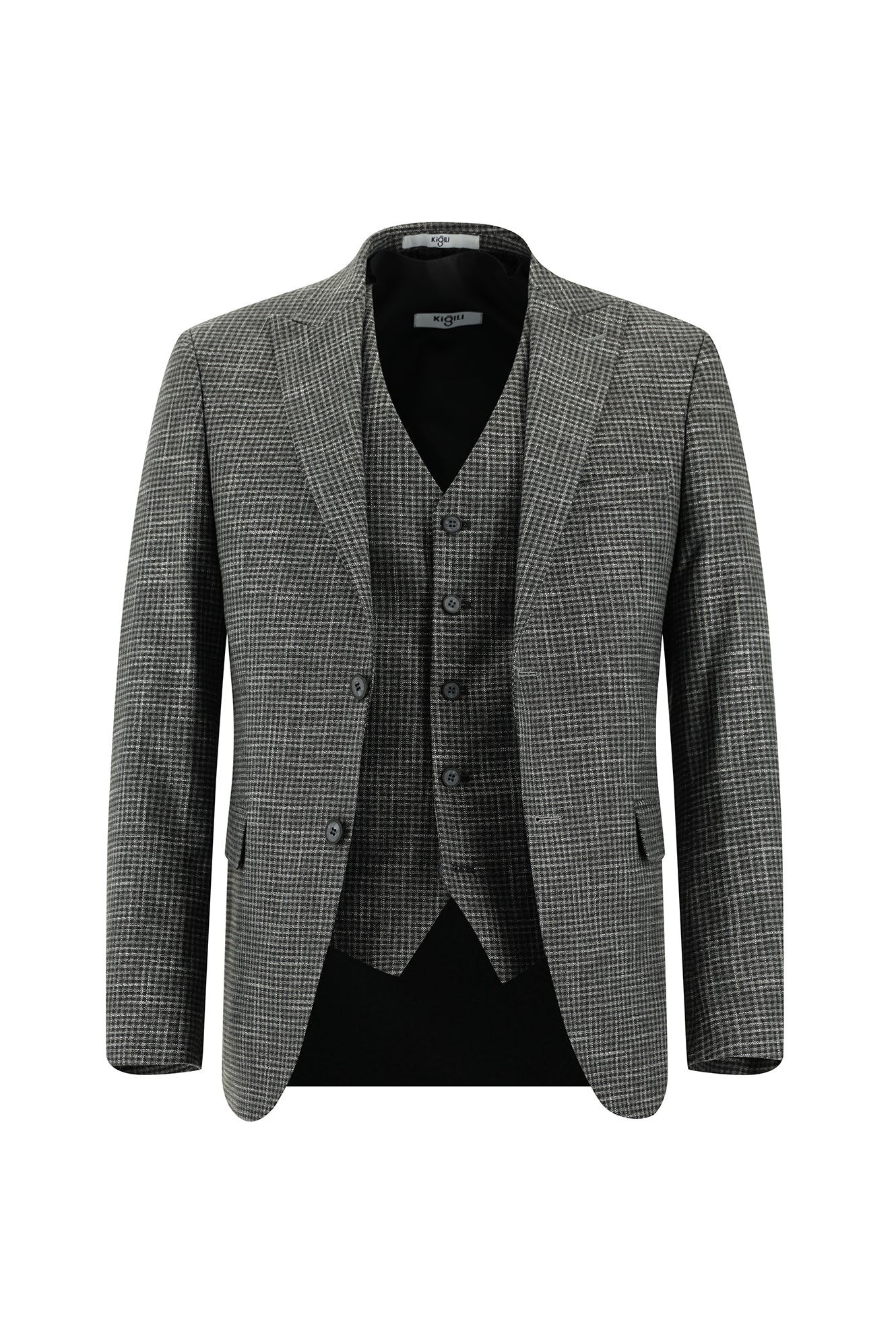 Koyu Füme 7 Drop Slim Fit Dar Kesim Ekose Yelekli Kombinli Takım Elbise - Image 2