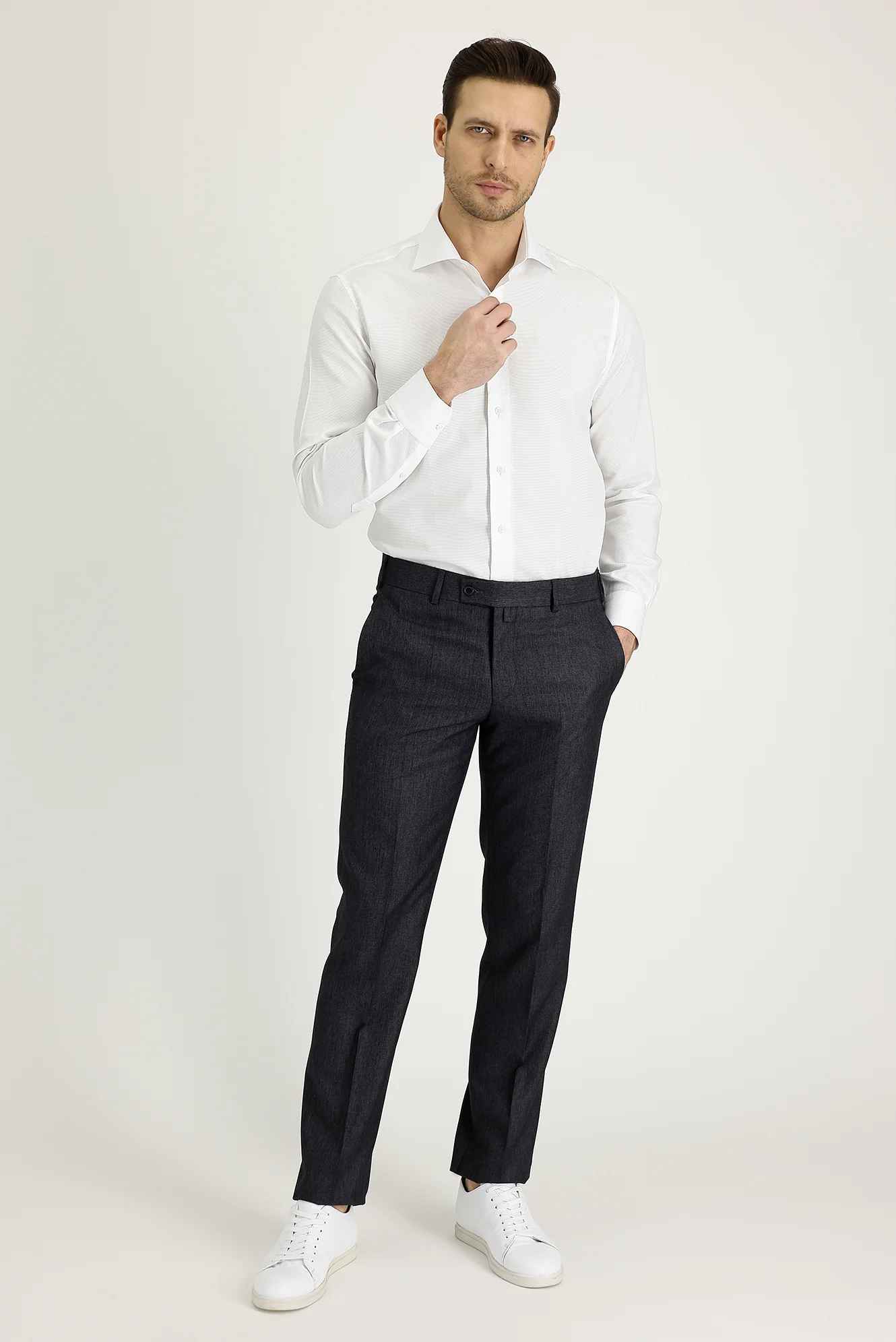 Koyu Füme 7 Drop Slim Fit Dar Kesim Klasik Desenli Kumaş Pantolon