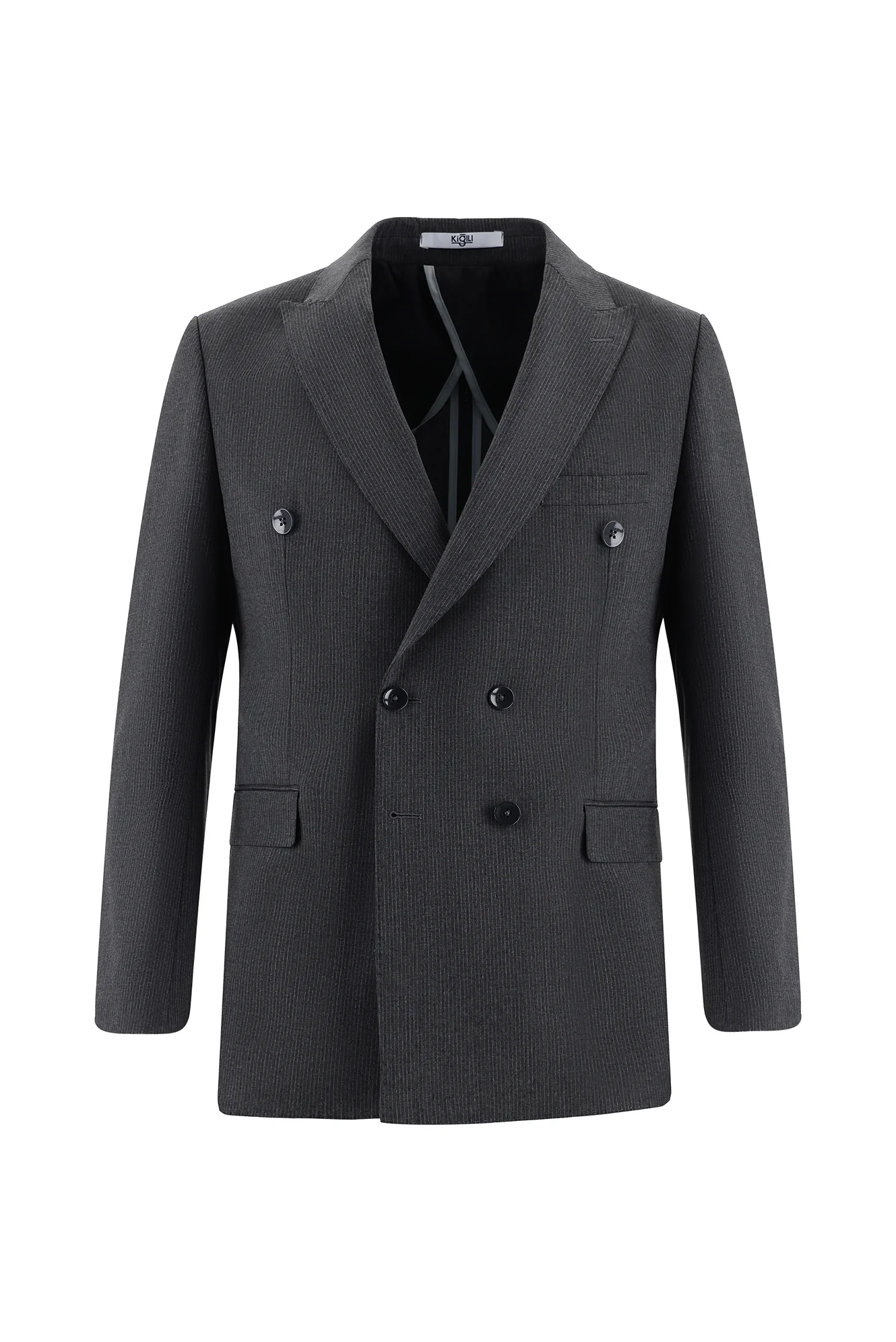 Koyu Füme 7 Drop Slim Fit Dar Kesim Kruvaze Çizgili Takım Elbise - Image 2