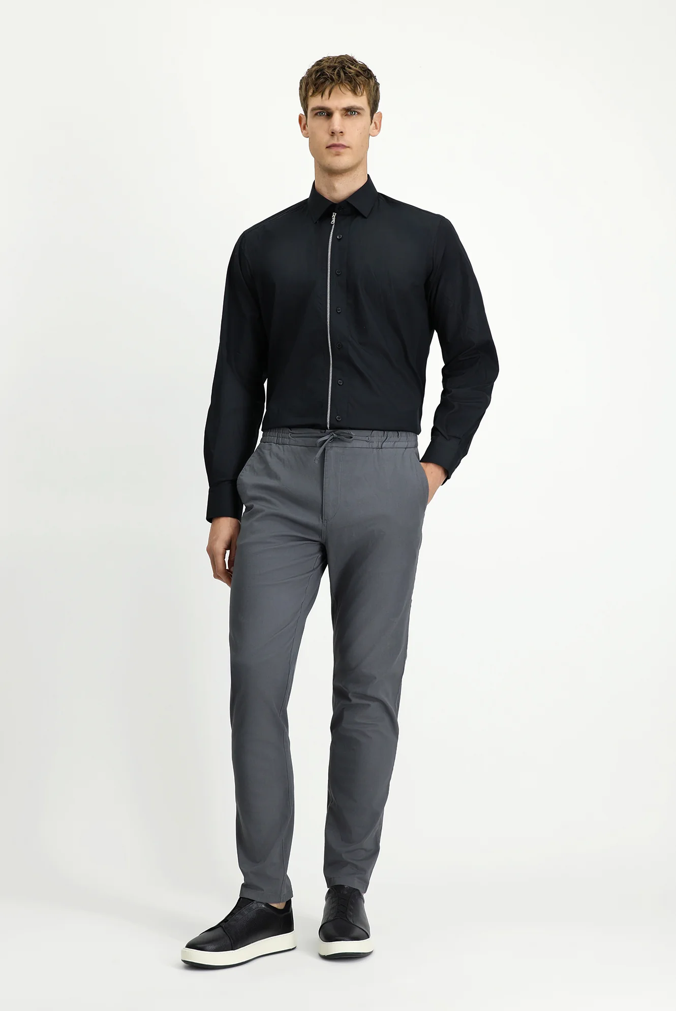 Koyu Füme Slim Fit Dar Kesim Likralı Beli Lastikli İpli Jogger Pantolon - Image 3