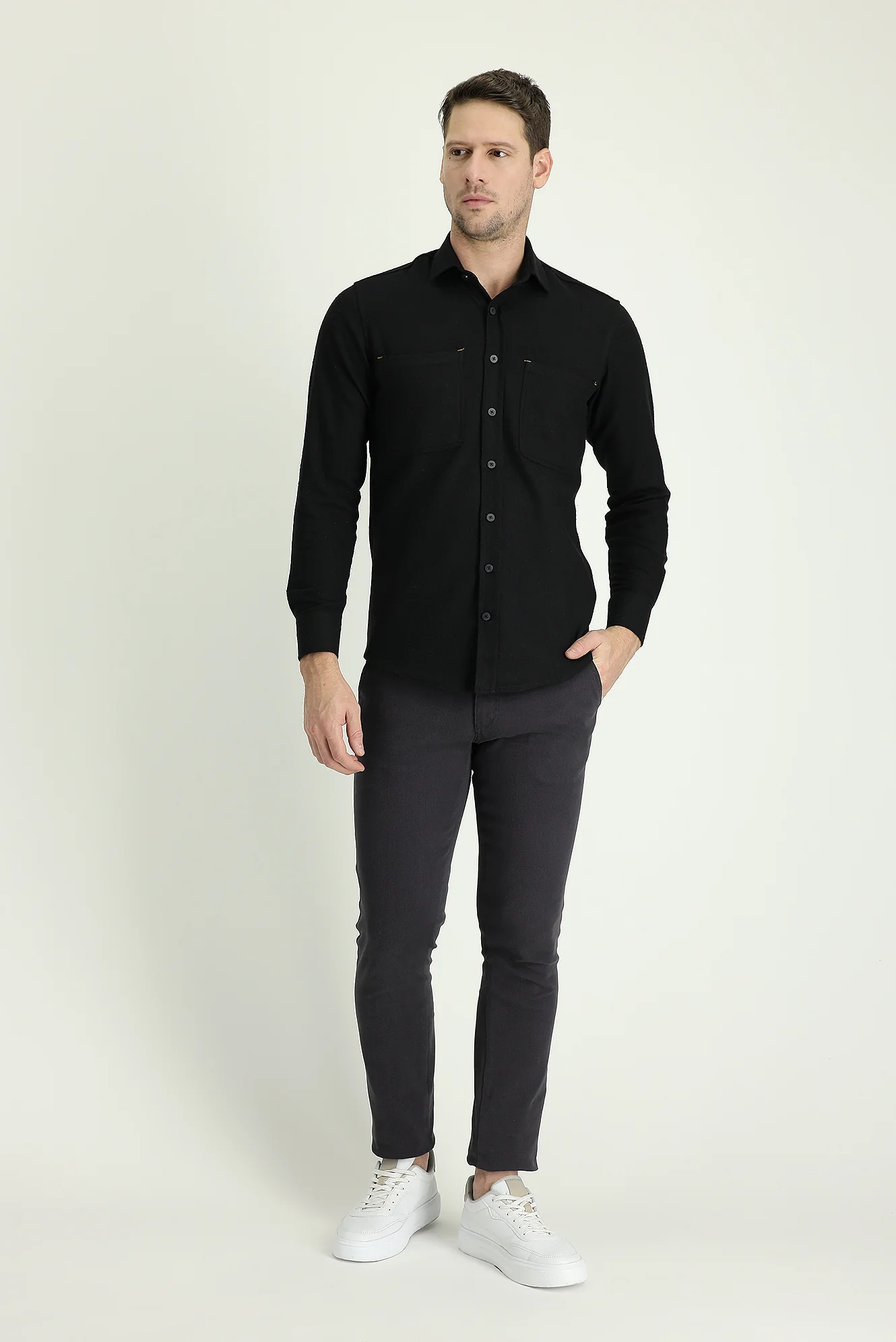 Koyu Füme Slim Fit Dar Kesim Likralı Kanvas / Chino Pantolon - Image 2
