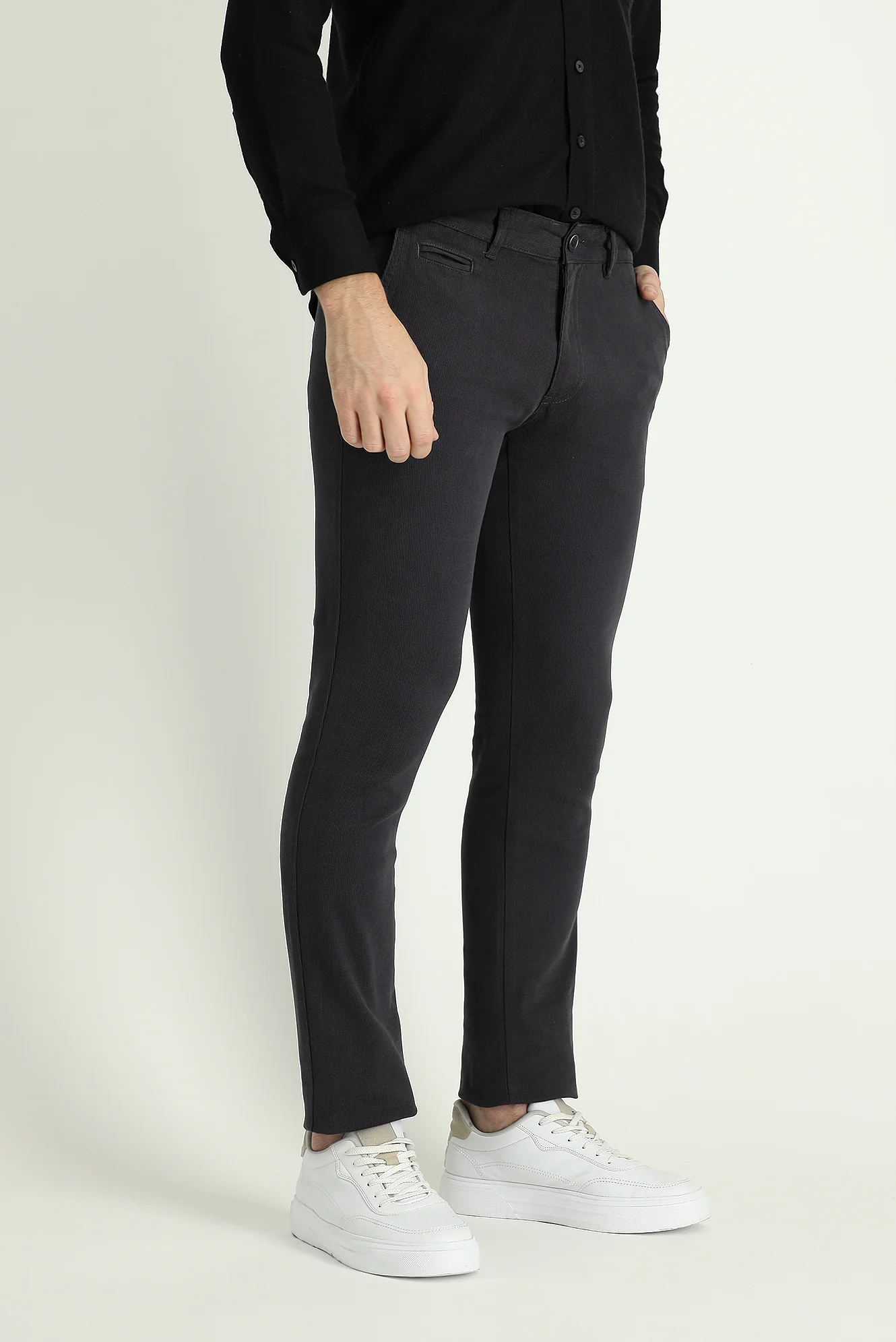 Koyu Füme Slim Fit Dar Kesim Likralı Kanvas / Chino Pantolon - Image 3