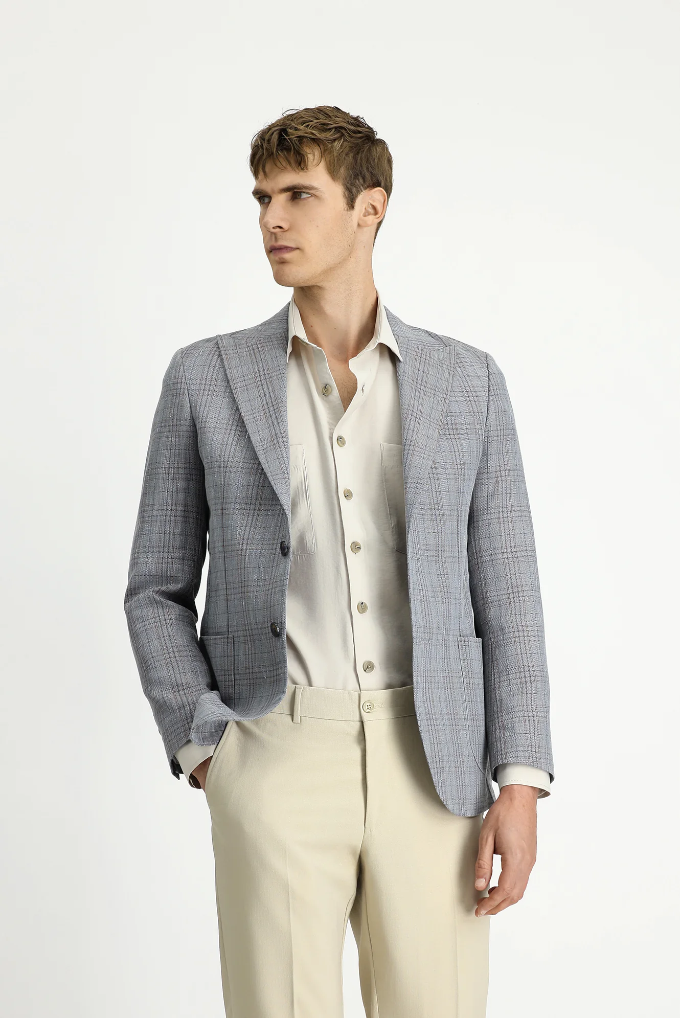 Koyu Füme 7 Drop Slim Fit Dar Kesim Yünlü Keten Karışımlı Ekose Spor Ceket - Image 3