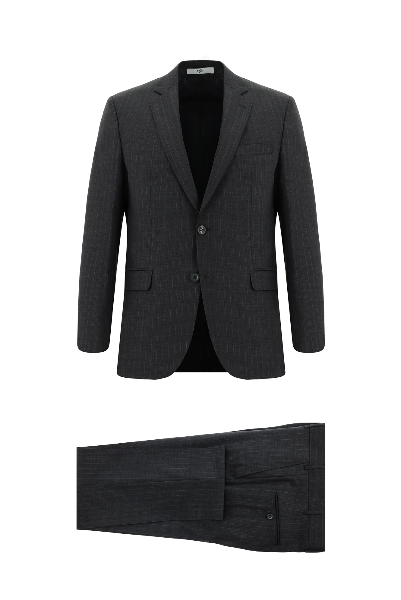 Koyu Füme 7 Drop Slim Fit Dar Kesim Yünlü Çizgili Takım Elbise