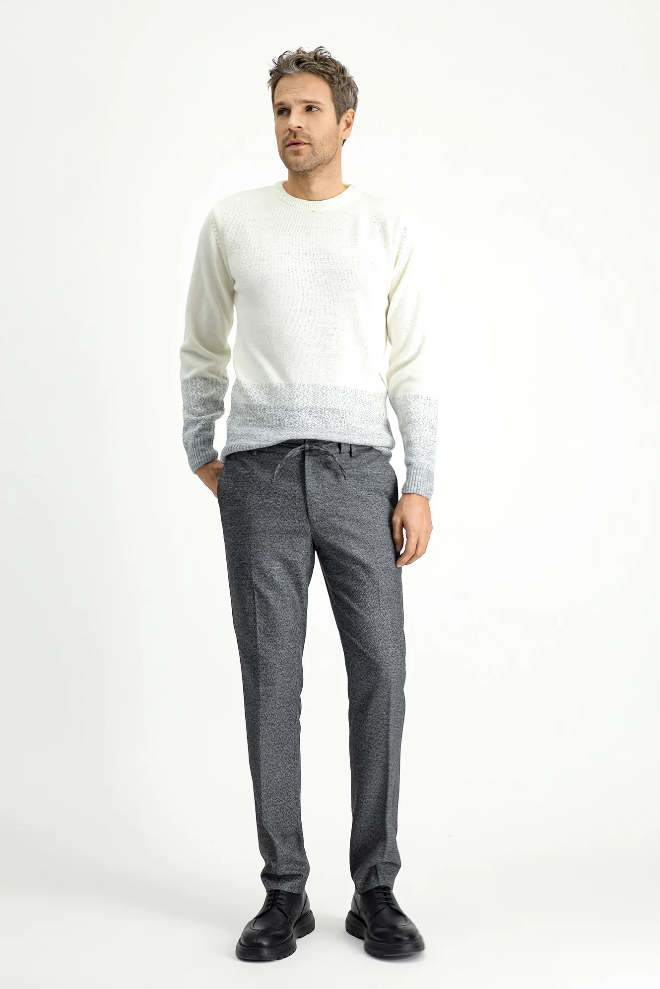 Koyu Füme 7 Drop Super Slim Fit Eksra Dar Kesim Beli Lastikli İpli Desenli Likralı Klasik Kumaş Pantolon