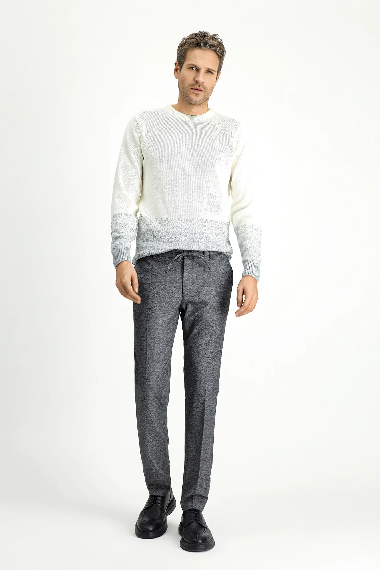 Koyu Füme 7 Drop Super Slim Fit Eksra Dar Kesim Beli Lastikli İpli Desenli Likralı Klasik Kumaş Pantolon - Image 3