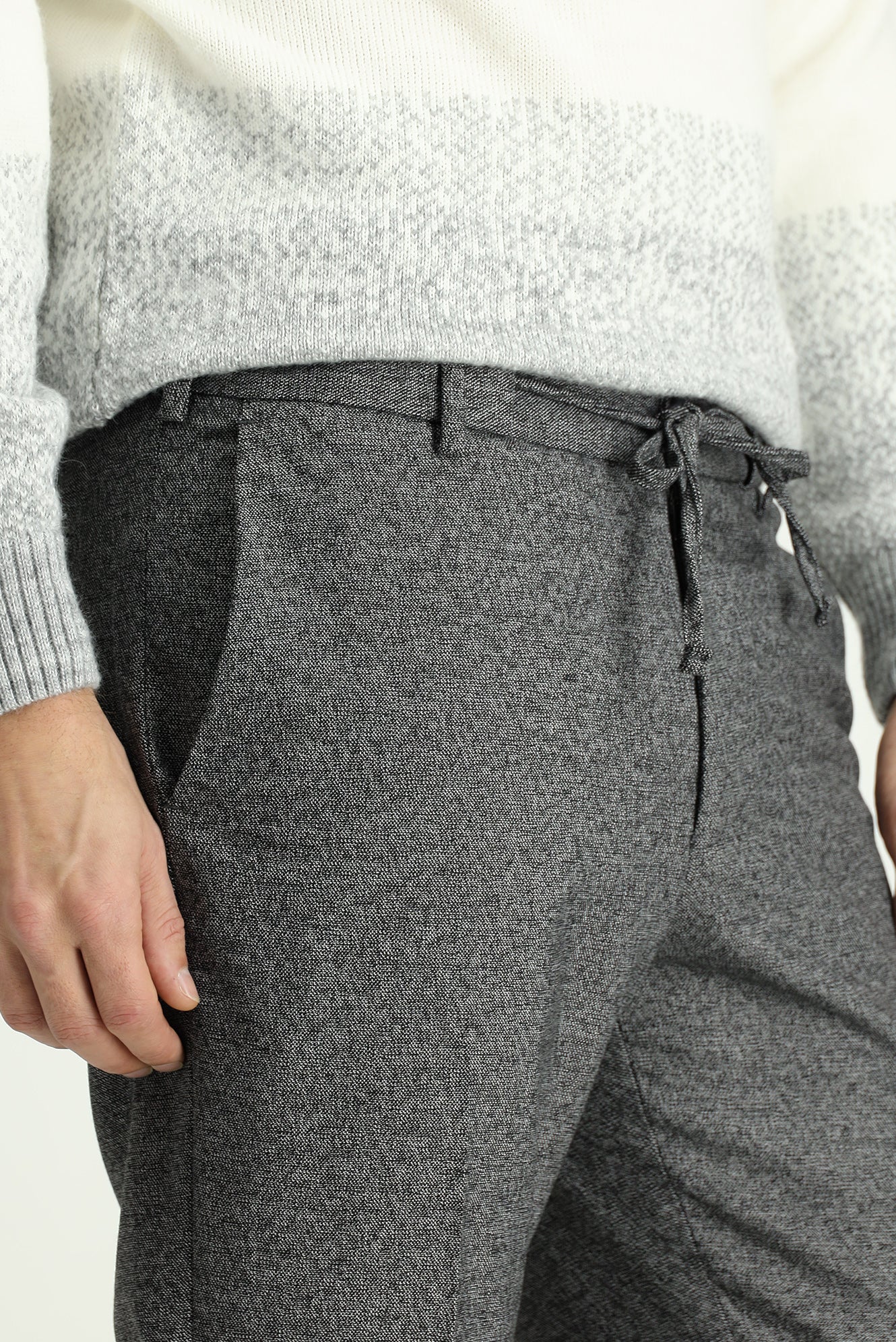 Koyu Füme 7 Drop Super Slim Fit Eksra Dar Kesim Beli Lastikli İpli Desenli Likralı Klasik Kumaş Pantolon - Image 5