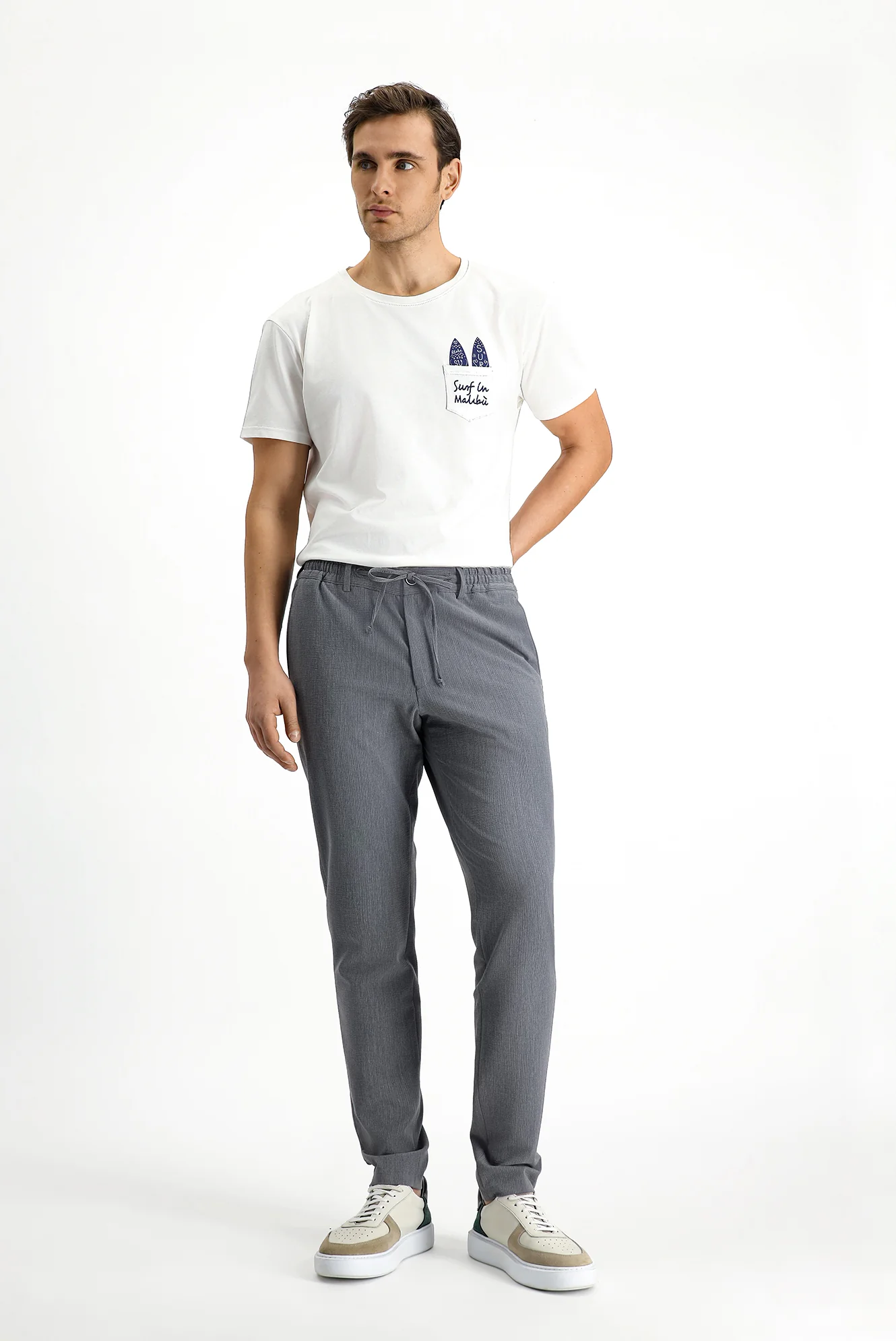 Koyu Füme 7 Drop Super Slim Fit Eksra Dar Kesim Beli Lastikli İpli Gofre Likralı Klasik Kumaş Pantolon
