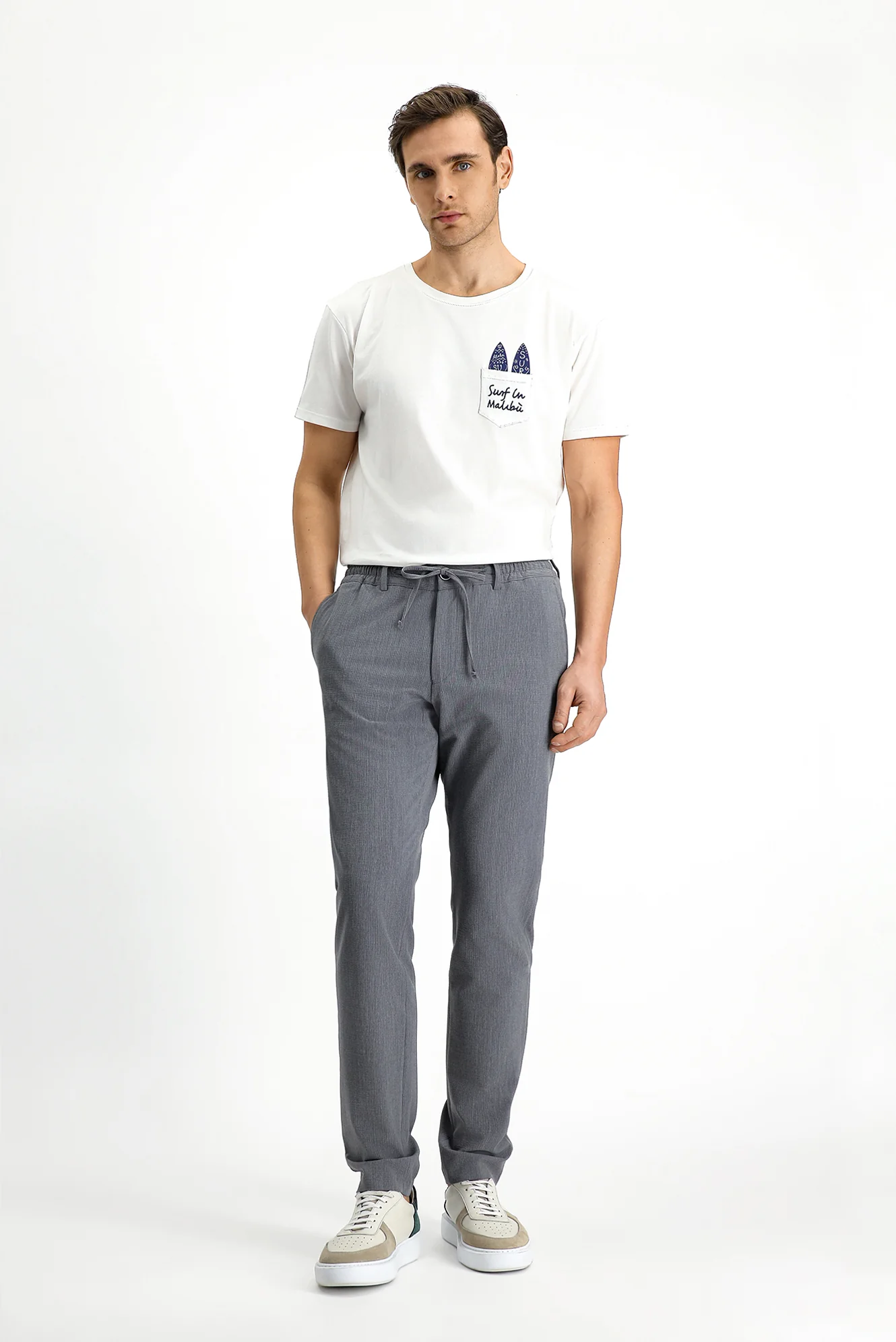 Koyu Füme 7 Drop Super Slim Fit Eksra Dar Kesim Beli Lastikli İpli Gofre Likralı Klasik Kumaş Pantolon - Image 2